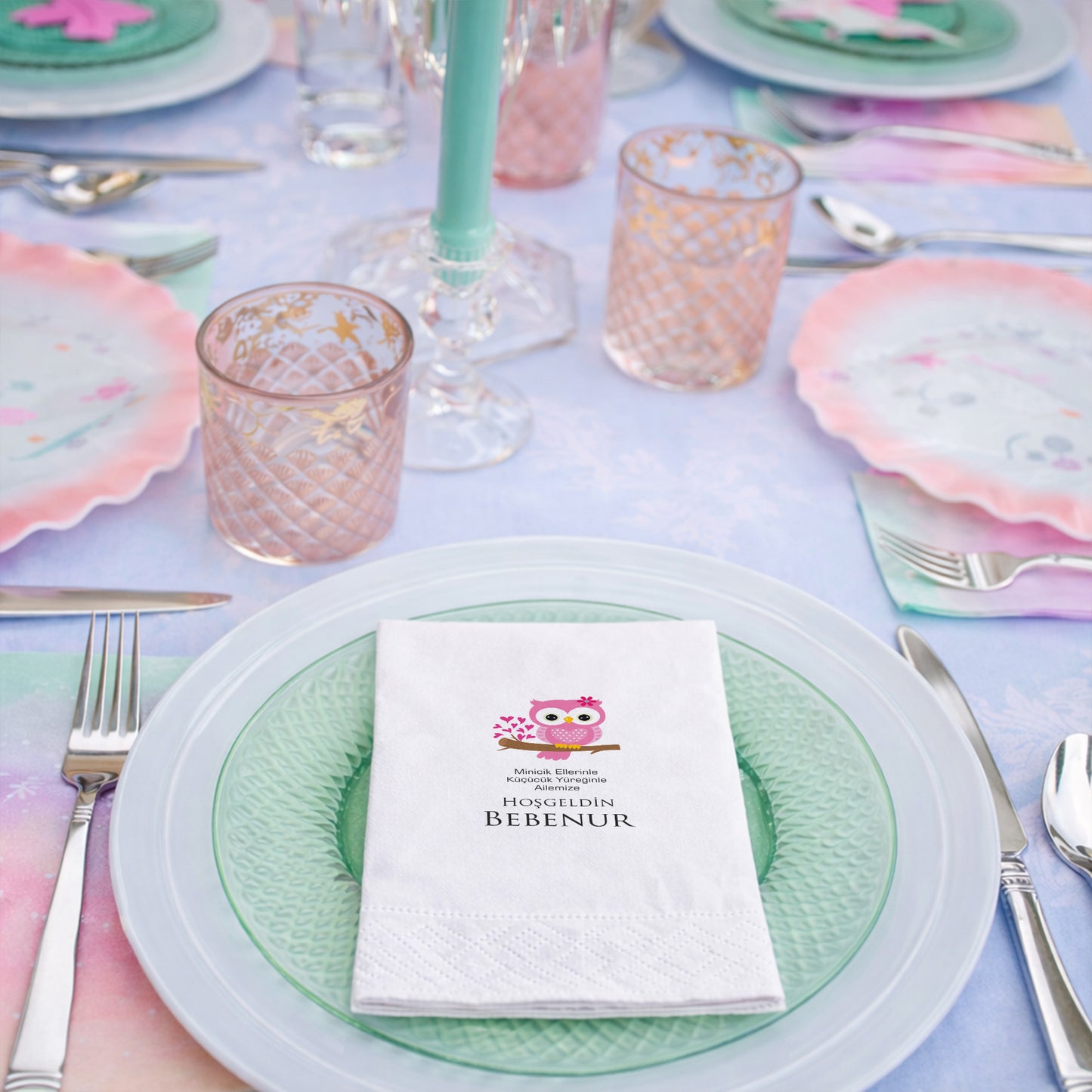 Pembe Baykuş Temalı Bebenur Yenidoğan Bebek Peçetesi