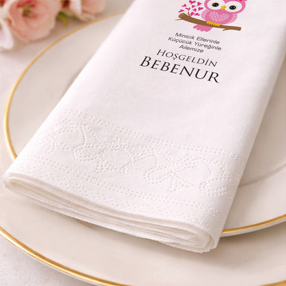 Pembe Baykuş Temalı Bebenur Yenidoğan Bebek Peçetesi
