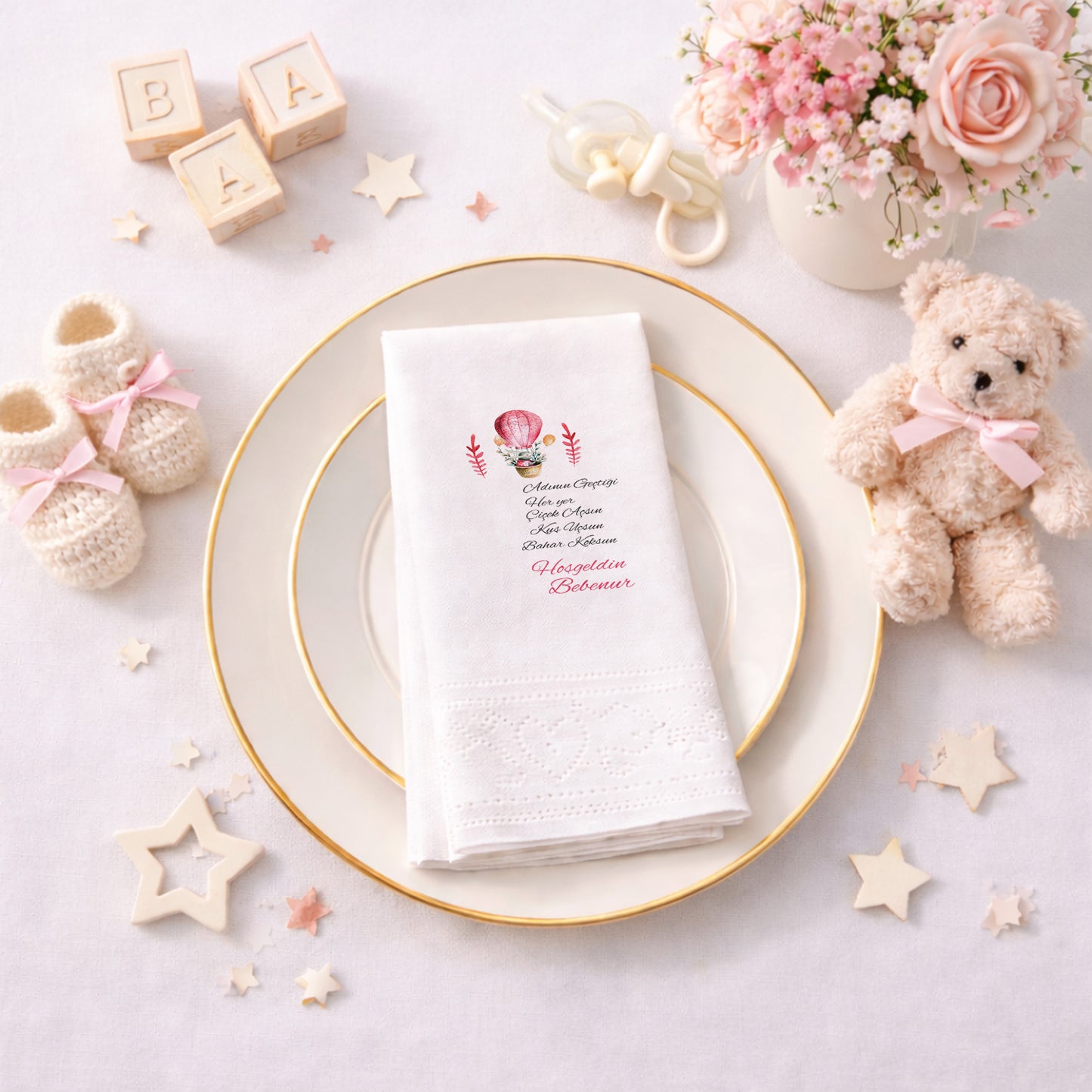 Tavşanlı Pembe Sıcak Hava Balonu Bebenur Peçetesi