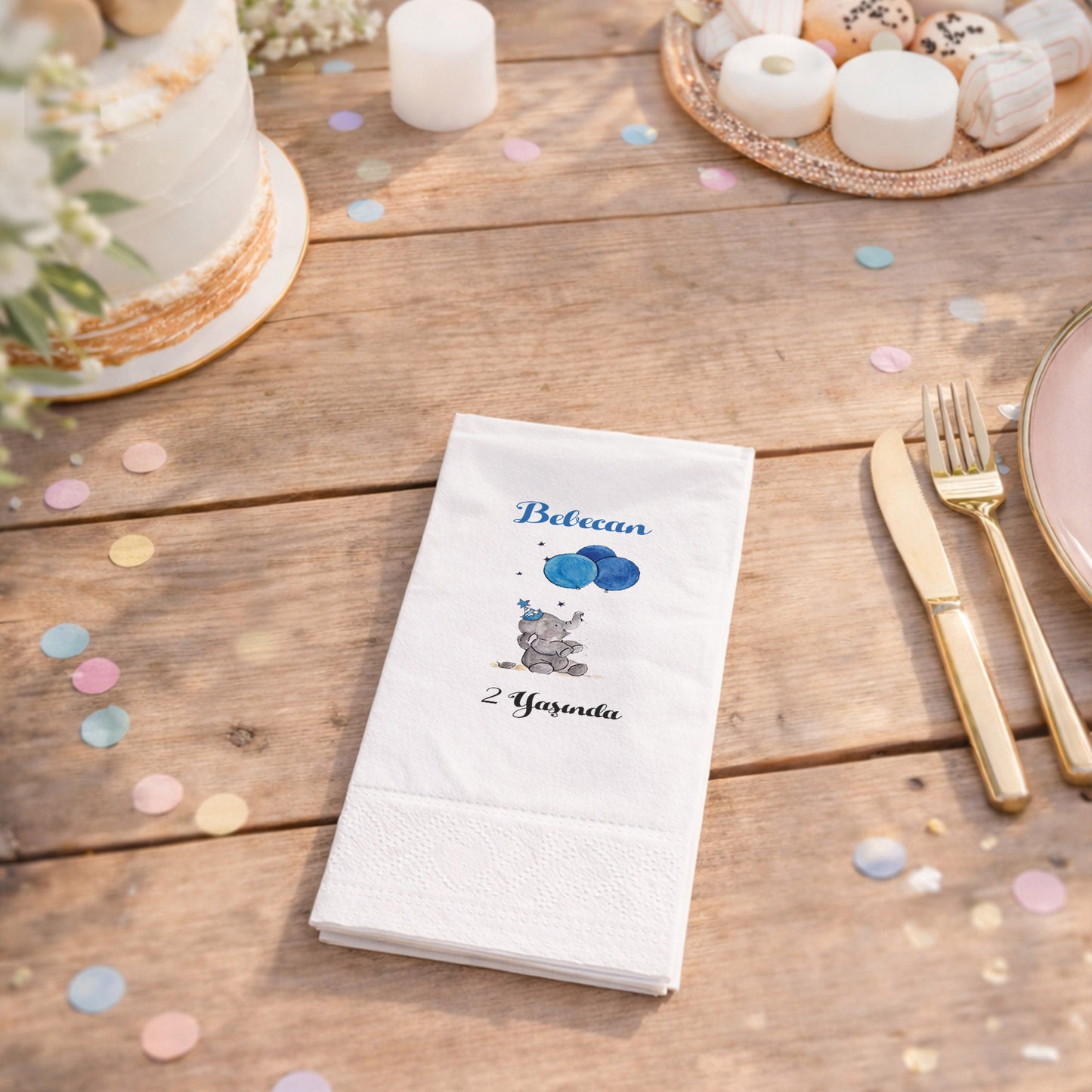 Mavi Balonlu Fil Figürlü Bebecan 2 Yaş Peçetesi