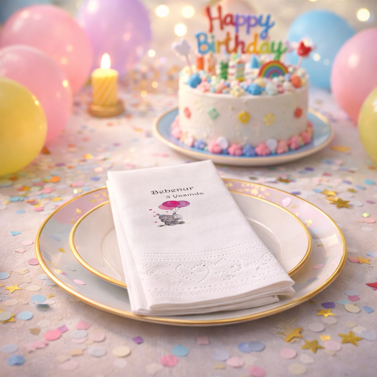 Pembe Balonlu Fil Figürlü Bebenur 3 Yaş Peçetesi