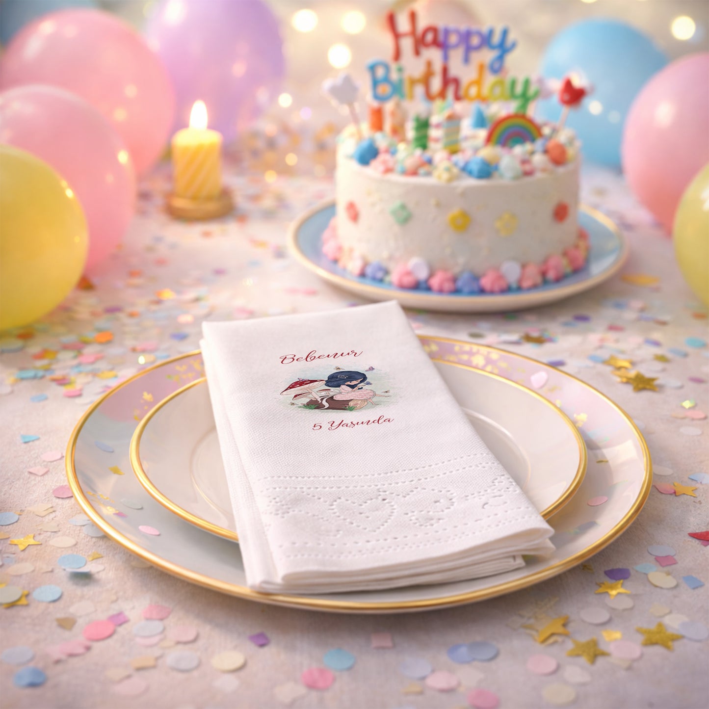 Bebenur 5 Yaş Mantar ve Kelebek Tasarımlı Kişiye Özel Peçete