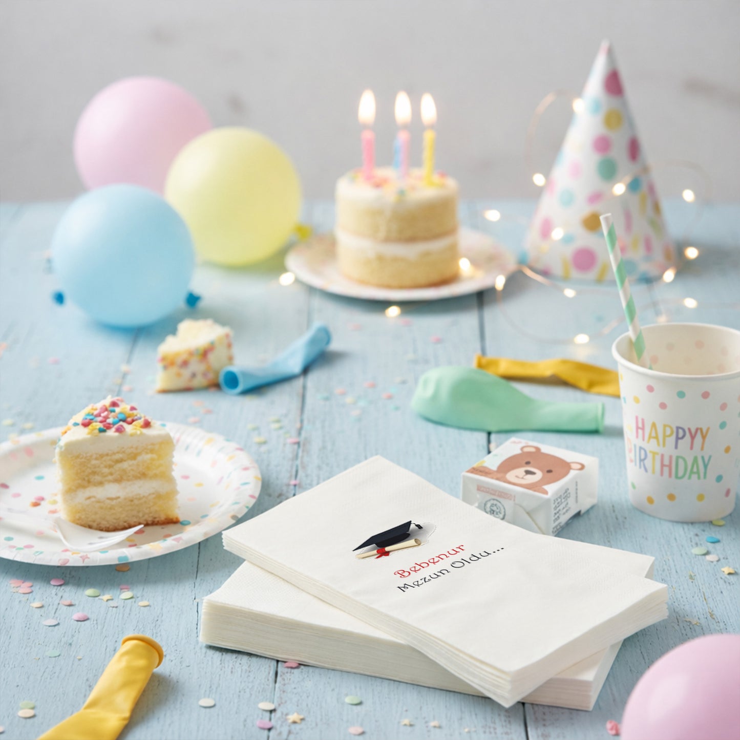 Mezuniyet Temalı Kep ve Diploma Desenli Siyah Şık Parti Peçetesi