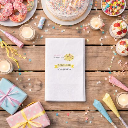 Bebenur 5 Yaş Gülen Güneş Desenli Eğlenceli Doğum Günü Peçetesi