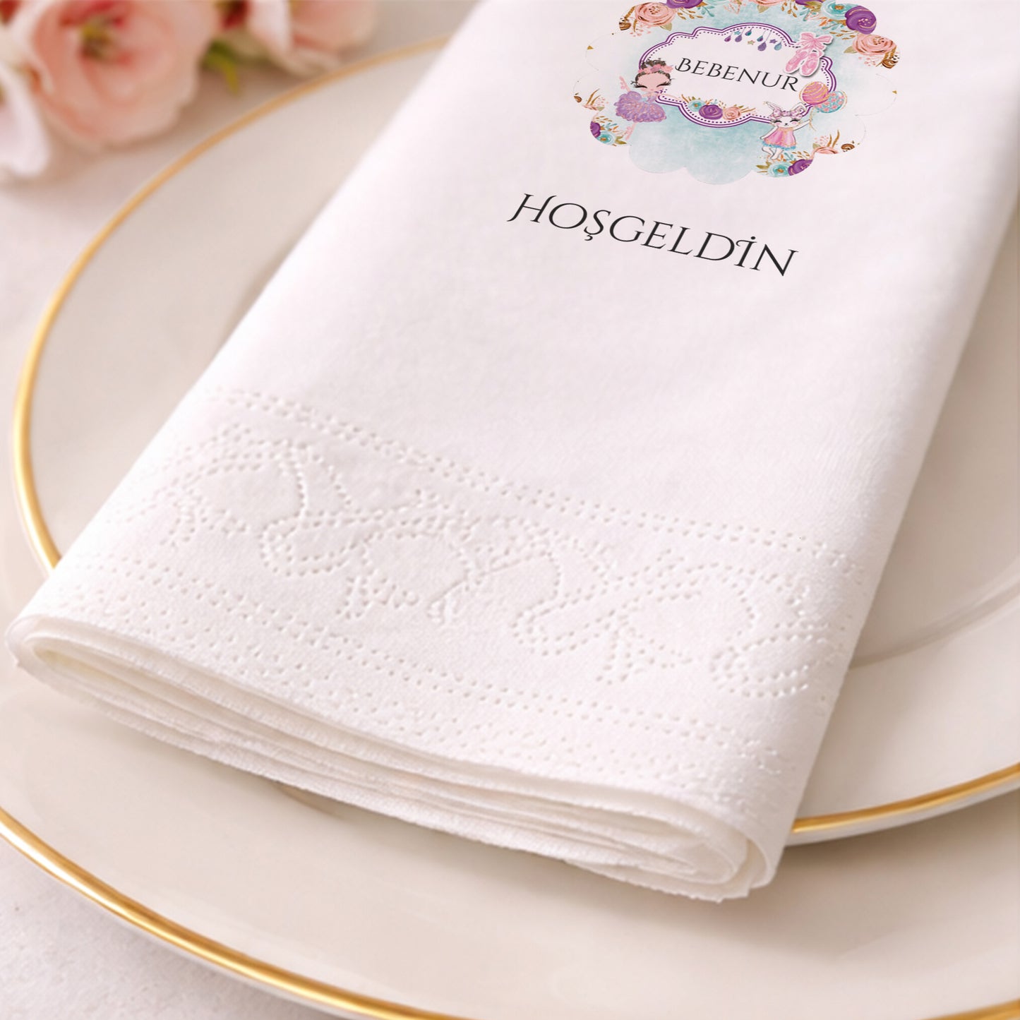 Bebenur Temalı Balerin Figürlü Kişiye Özel Butik Tasarım Bebek Peçetesi