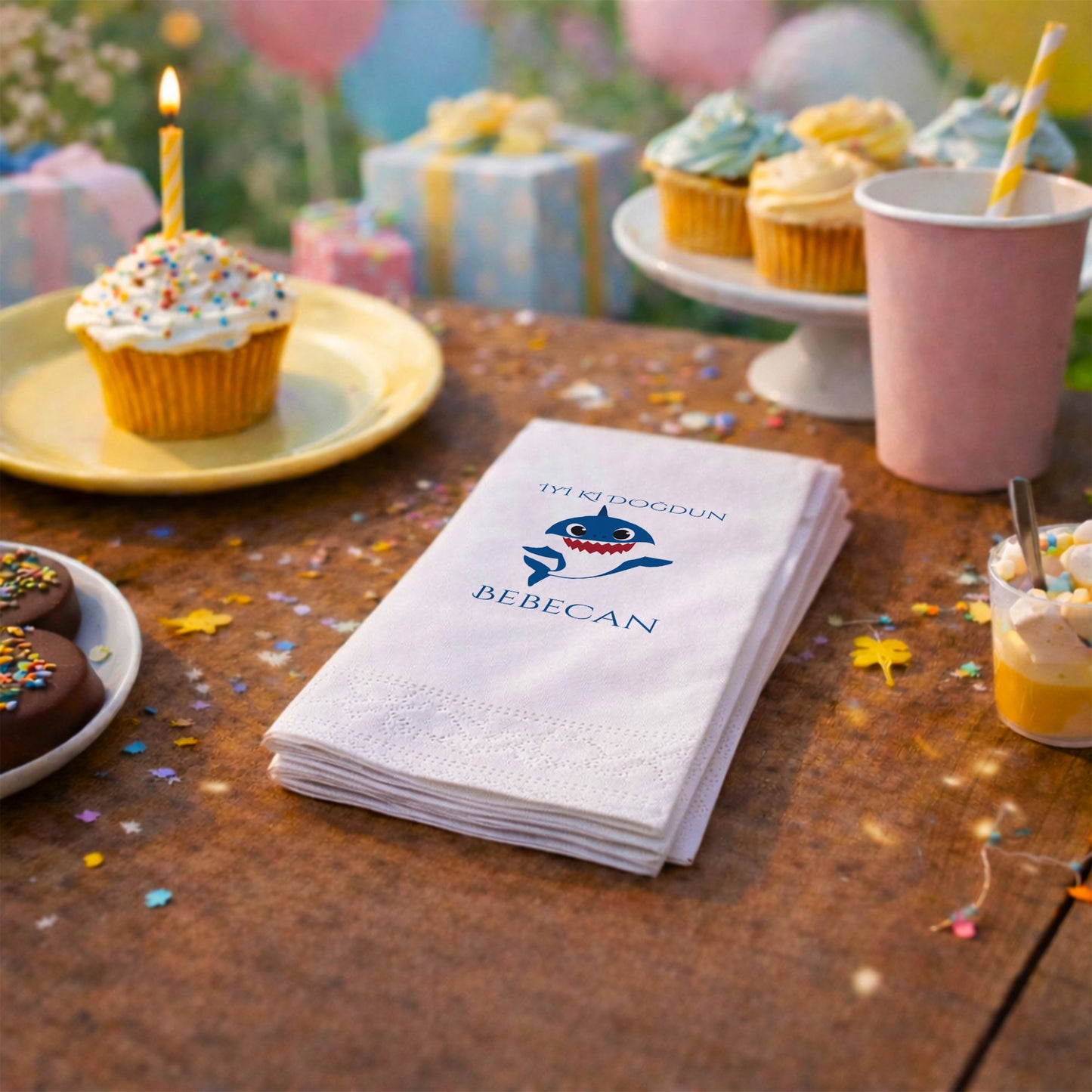 Bebecan Shark Temalı Siyah Zeminli Erkek Bebek Doğum Günü Peçetesi