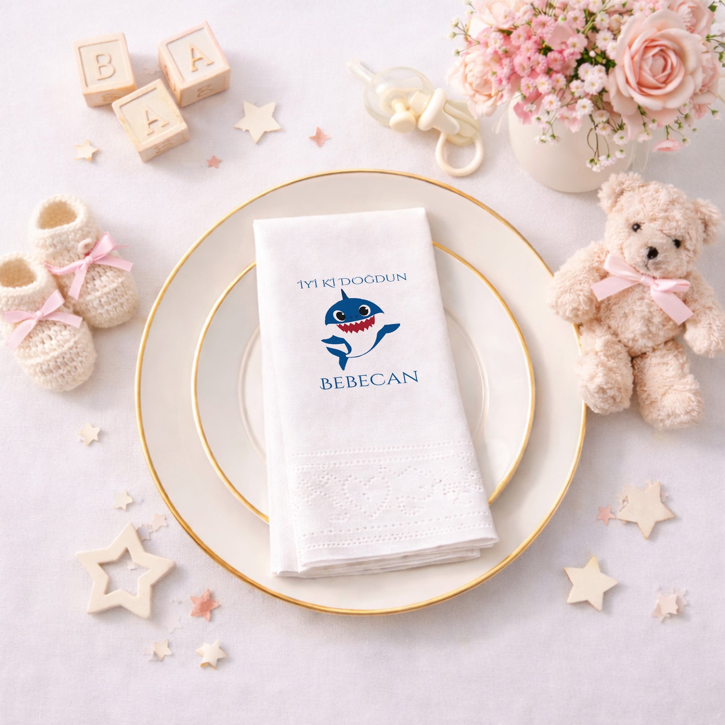 Bebecan Shark Temalı Siyah Zeminli Erkek Bebek Doğum Günü Peçetesi