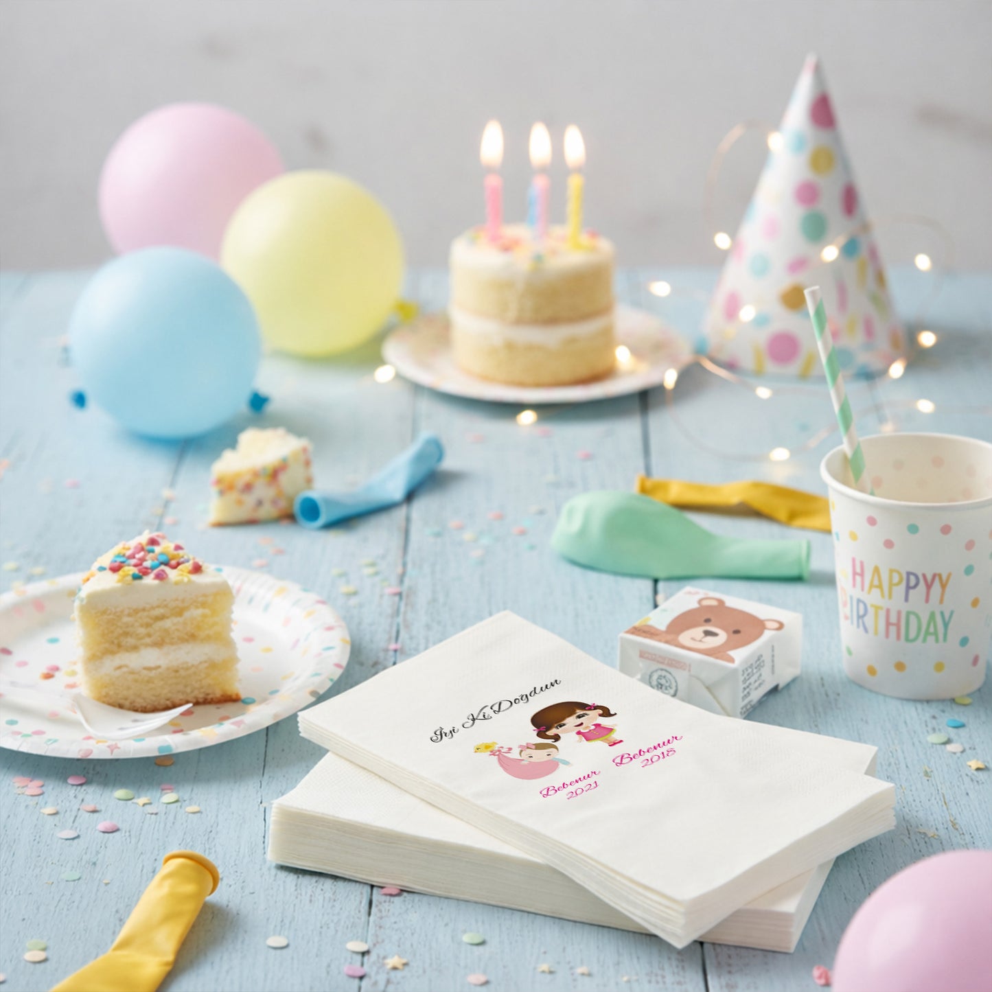 İki Kardeş/Yıl Temalı Bebenur Çift Tarihli Özel Gün Peçetesi