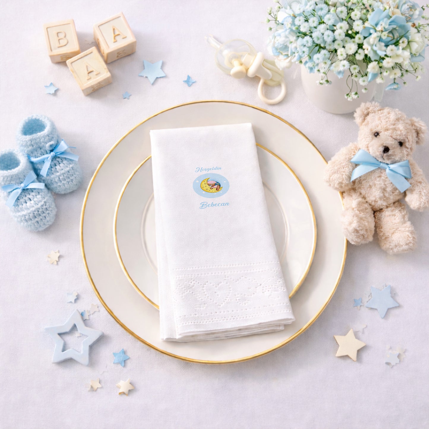 Hoşgeldin Bebecan Mavi Ay Dede Temalı Yenidoğan Bebek Peçetesi