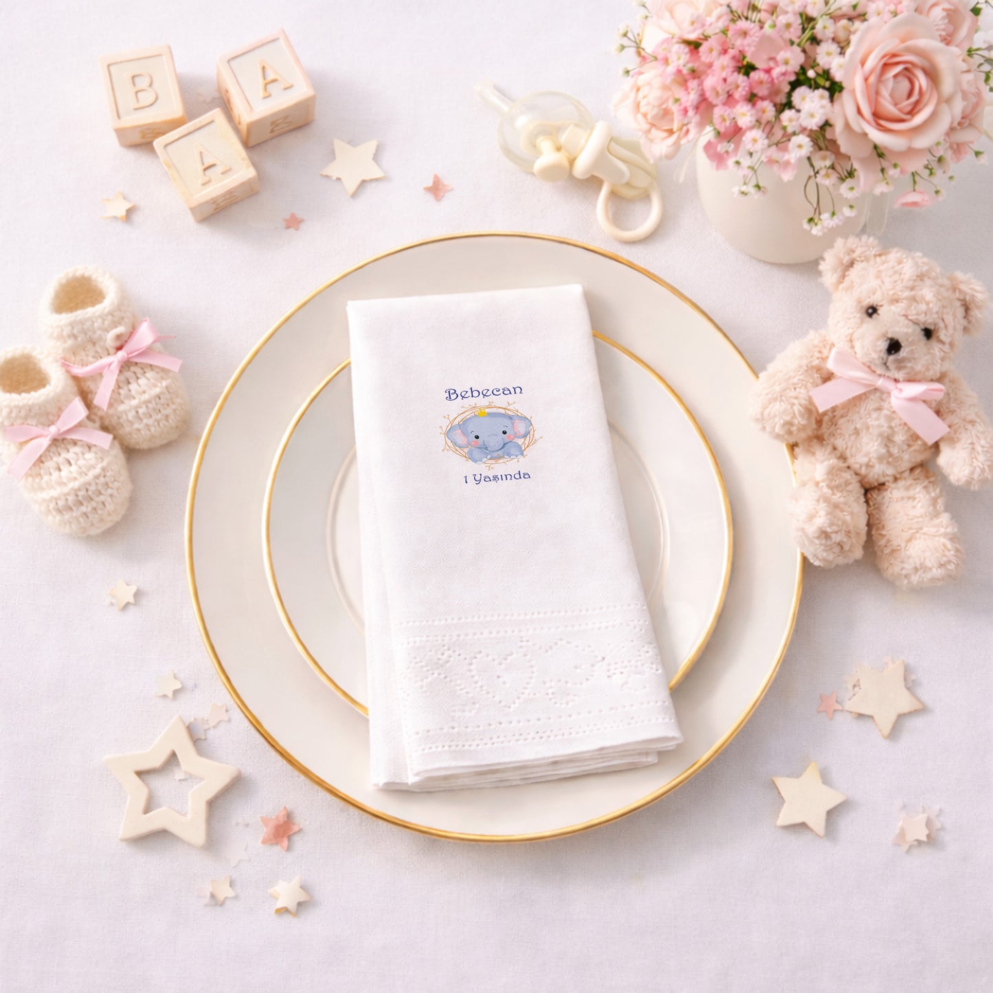 Kral Fil Figürlü Bebecan 1 Yaş Mavi Doğum Günü Peçetesi
