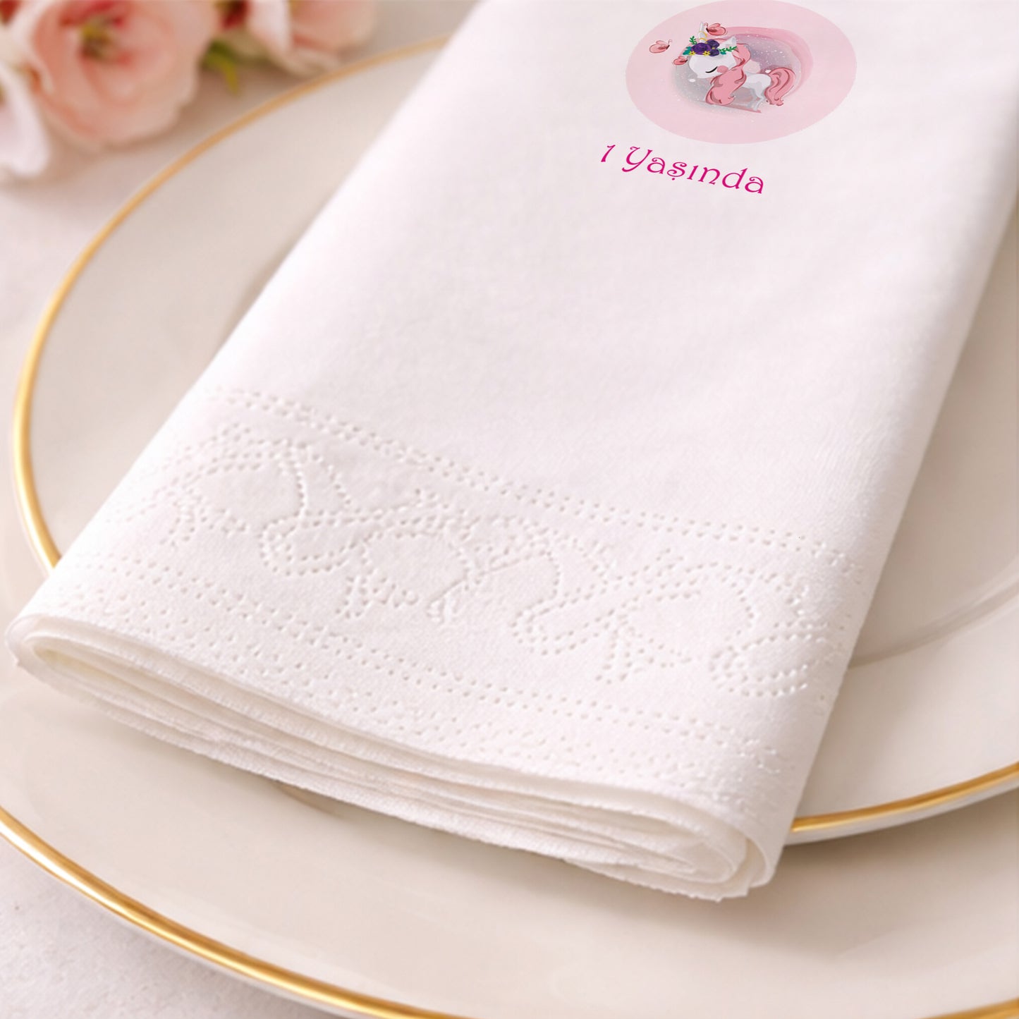 Bebenur Pembe Unicorn Temalı 1 Yaş Doğum Günü Parti Peçetesi
