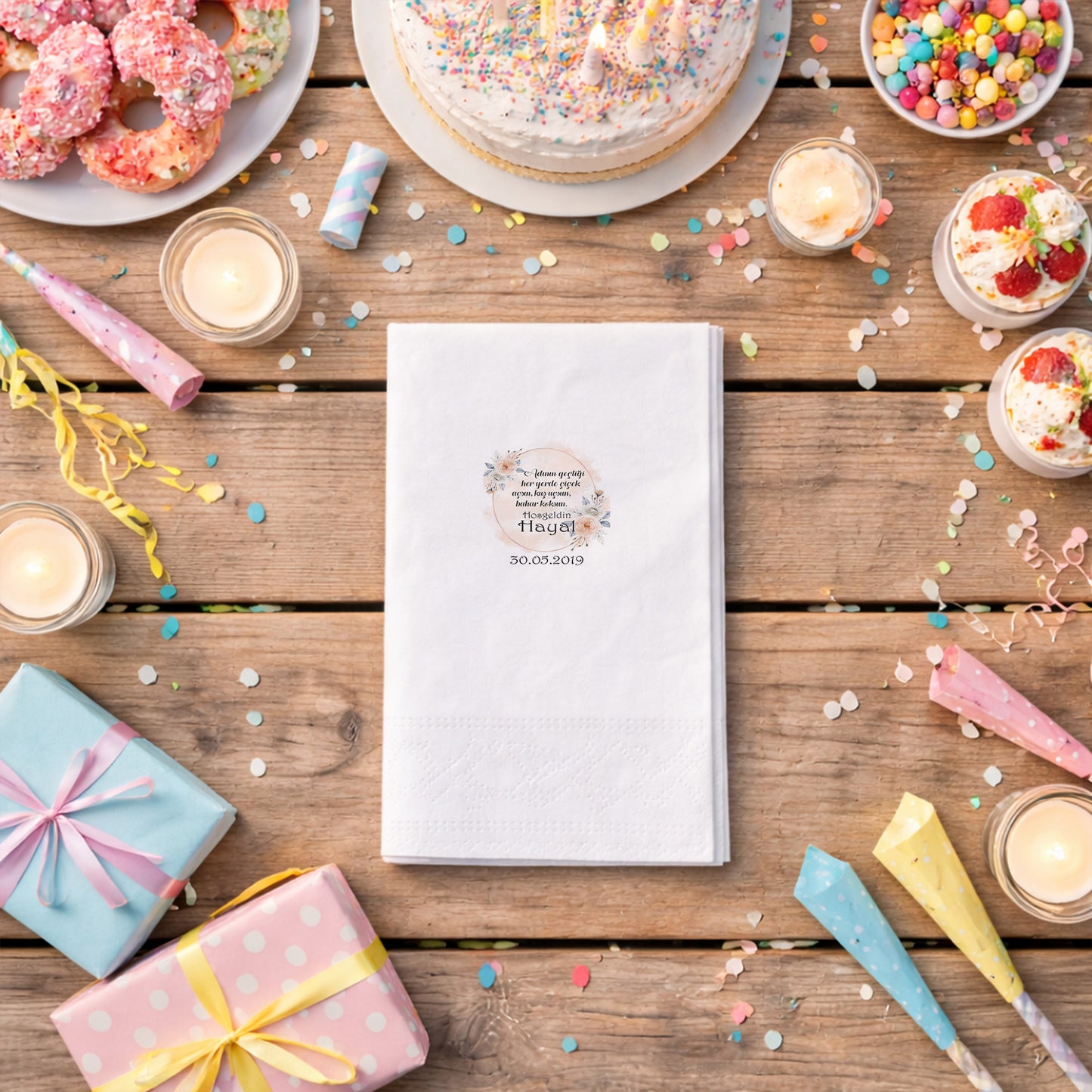 Hayal İsimli Pastel Güllü ve Şiirli Romantik Bebek Peçetesi