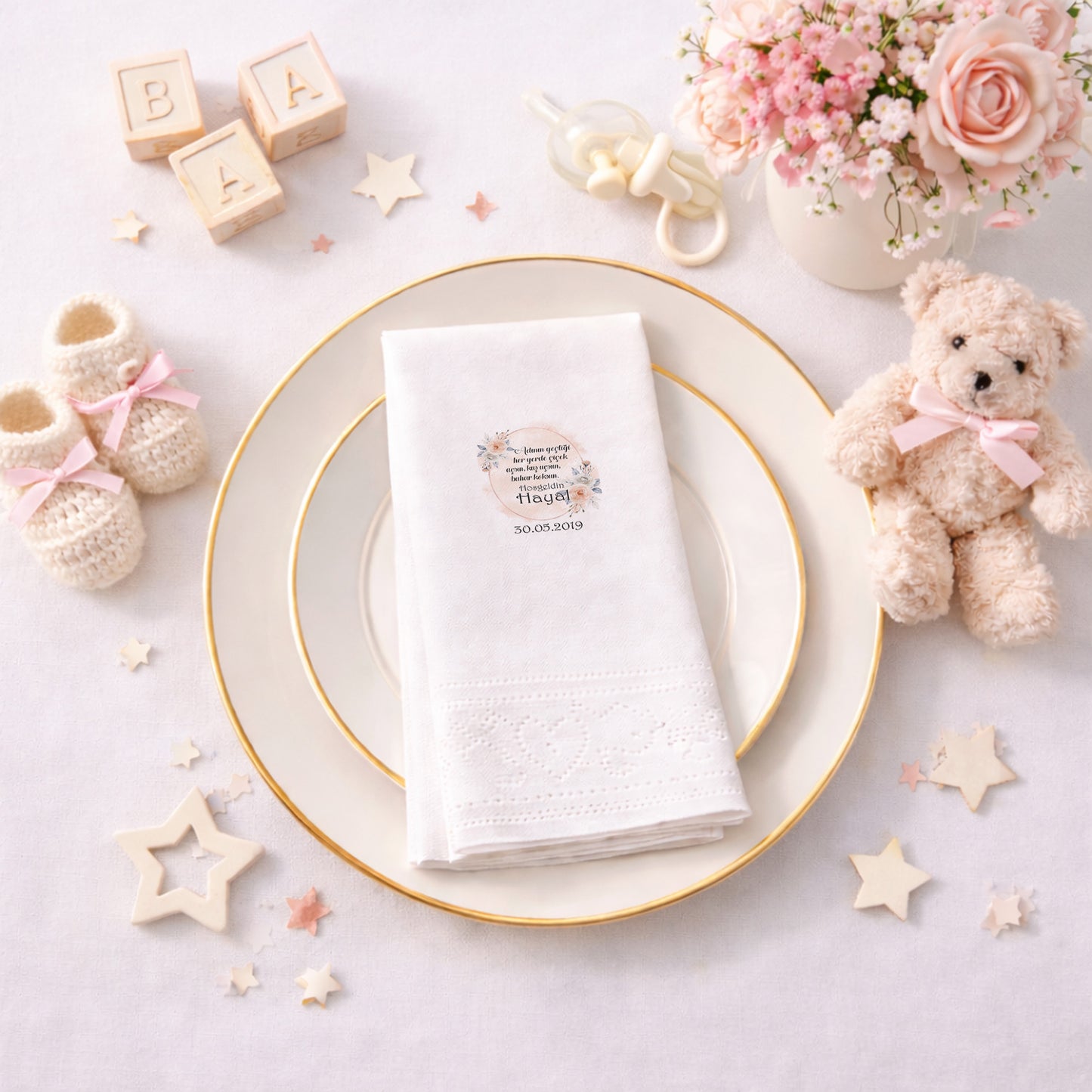 Hayal İsimli Pastel Güllü ve Şiirli Romantik Bebek Peçetesi