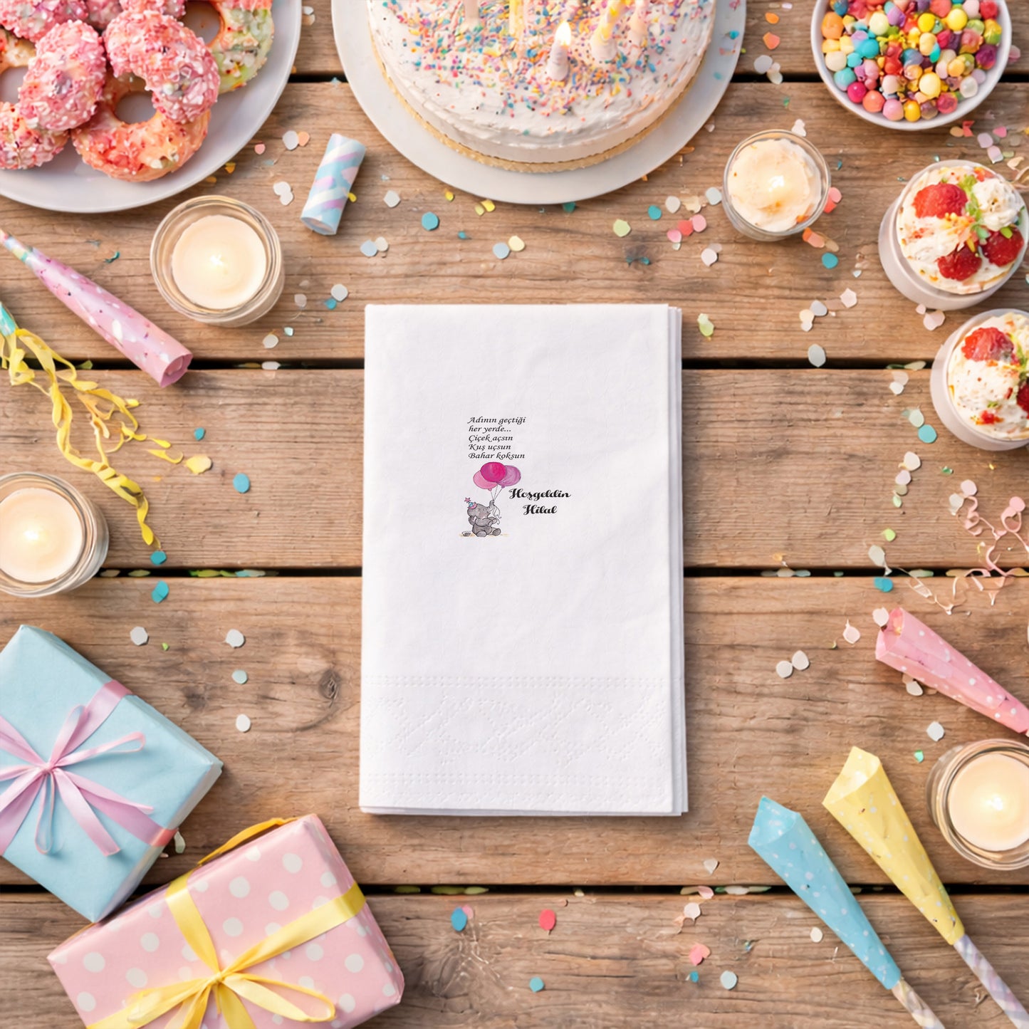 Hilal Hoşgeldin Bebek Pembe Balonlu Fil Desenli Şık Sunum Peçetesi
