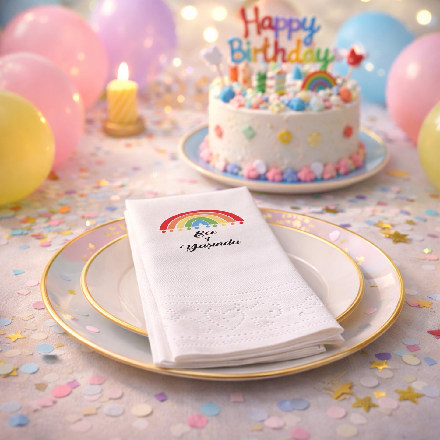 Damla Detaylı Minimal Gökkuşağı Ece 1 Yaş Peçetesi