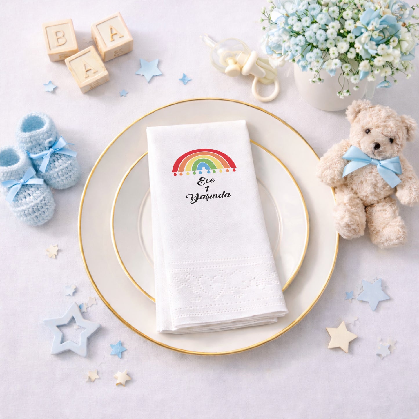 Damla Detaylı Minimal Gökkuşağı Ece 1 Yaş Peçetesi
