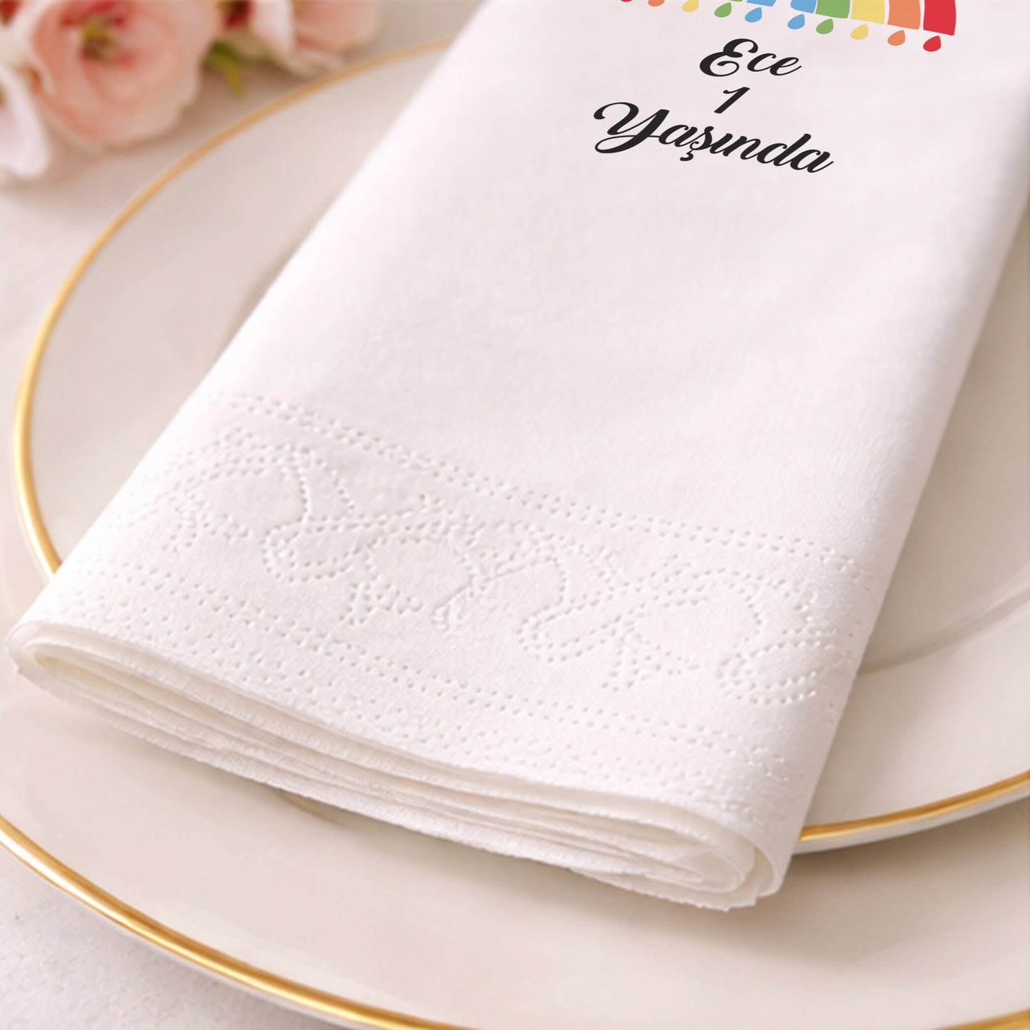 Damla Detaylı Minimal Gökkuşağı Ece 1 Yaş Peçetesi