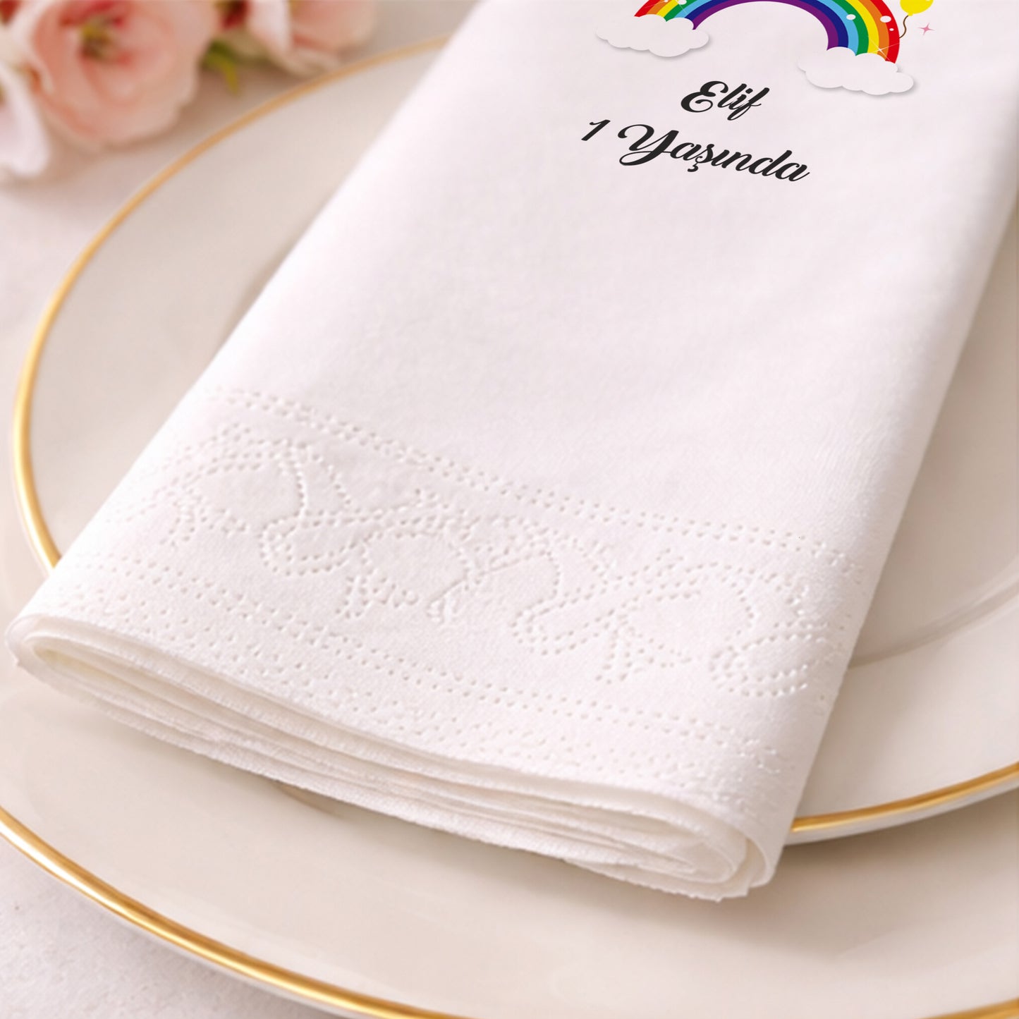 Balonlu Gökkuşağı Temalı Elif 1 Yaş Doğum Günü Peçetesi