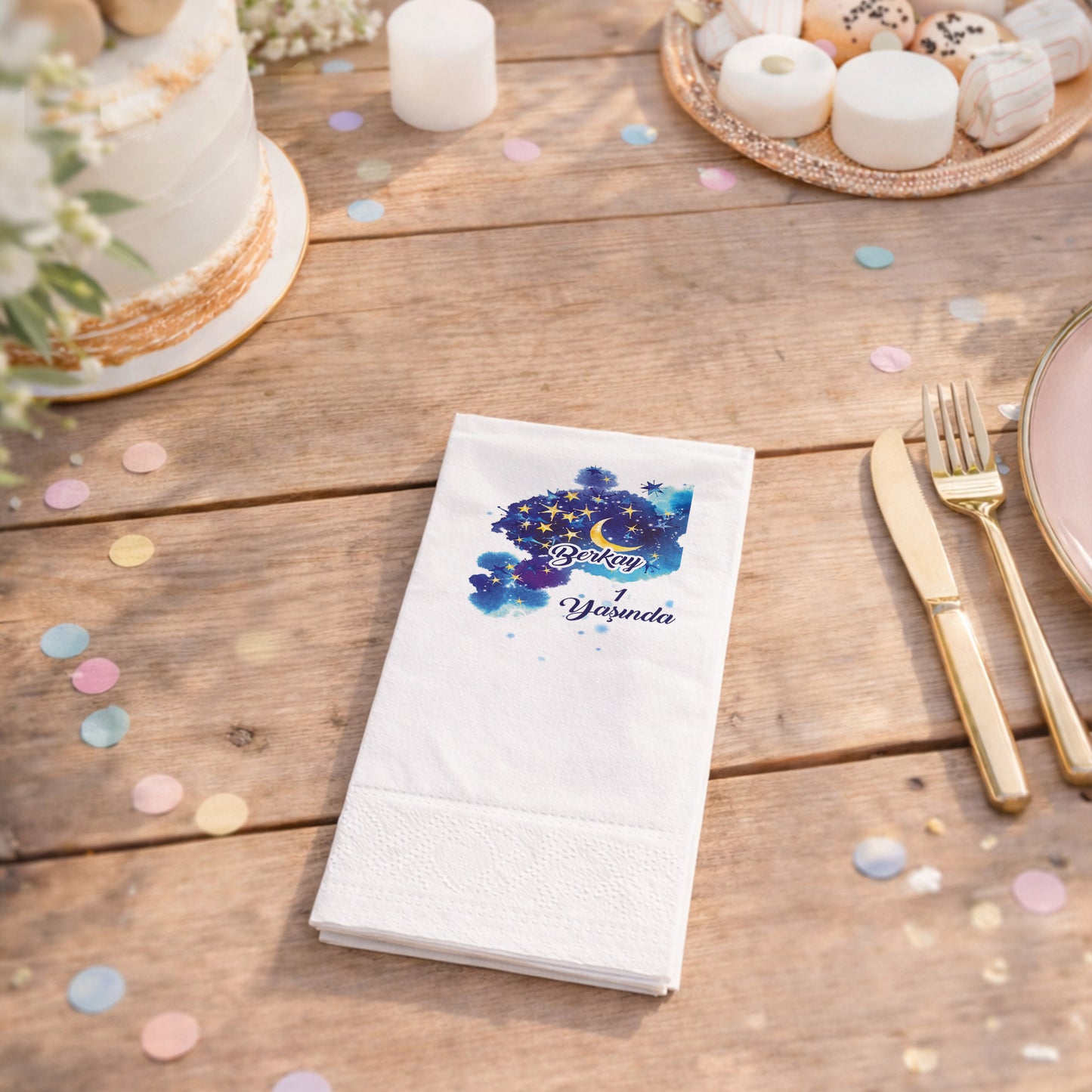 Berkay 1 Yaşında Ay ve Yıldız Temalı Gece Gökyüzü Peçetesi