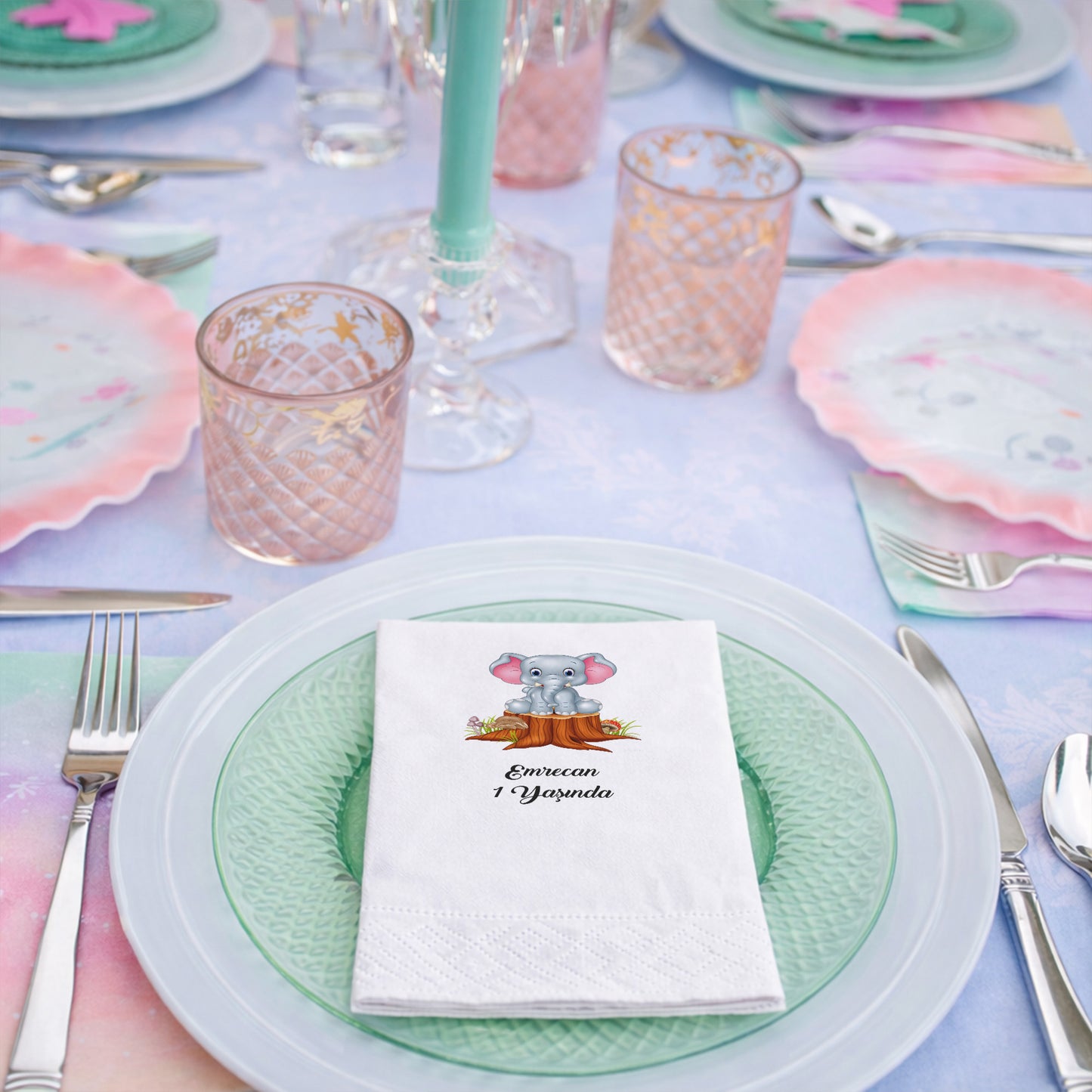 Emrecan 1 Yaşında Kütük Üstünde Fil Tasarımlı Doğum Günü Peçetesi