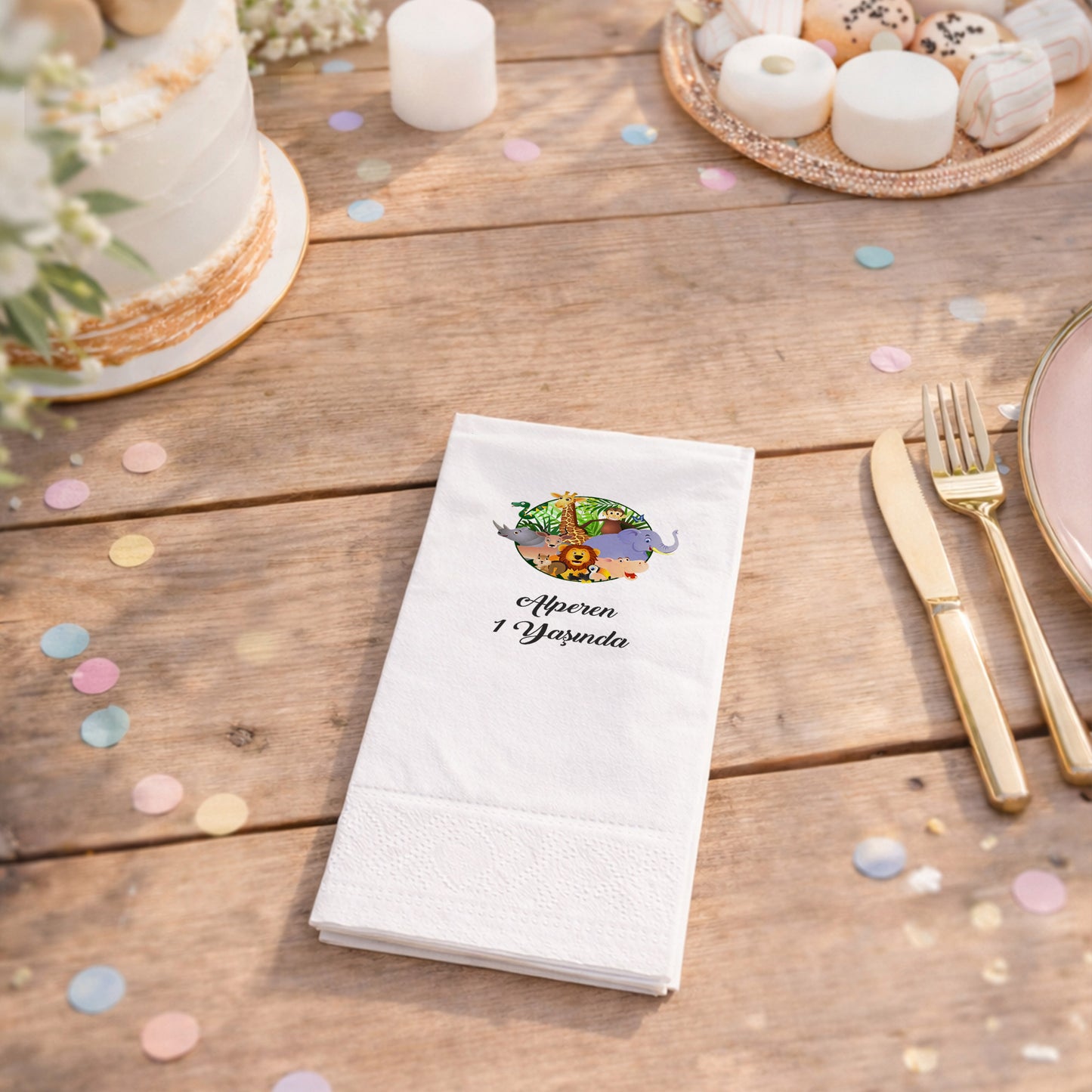 Alperen 1 Yaşında Safari Hayvanları Konseptli Doğum Günü Peçetesi