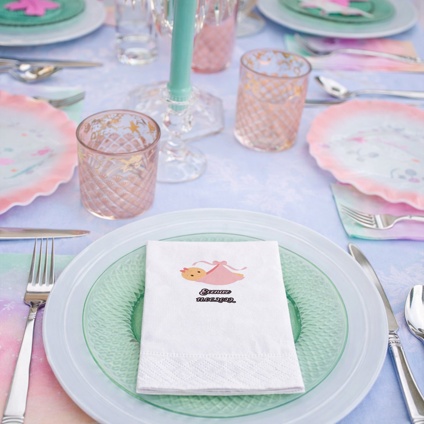 Ecenaz İsme Özel Pembe Kundaklı Bebek Tasarımlı Baby Shower Peçetesi