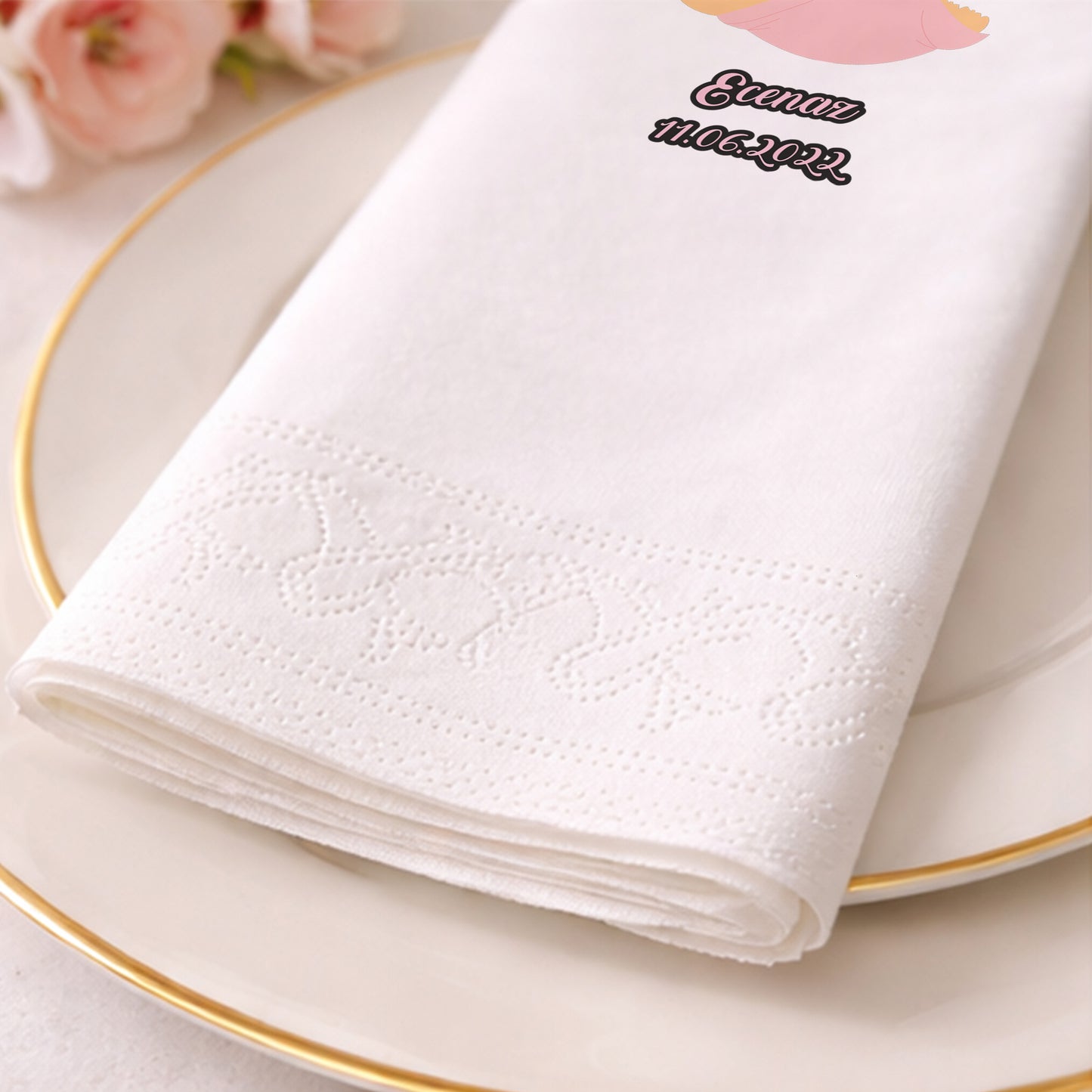 Ecenaz İsme Özel Pembe Kundaklı Bebek Tasarımlı Baby Shower Peçetesi