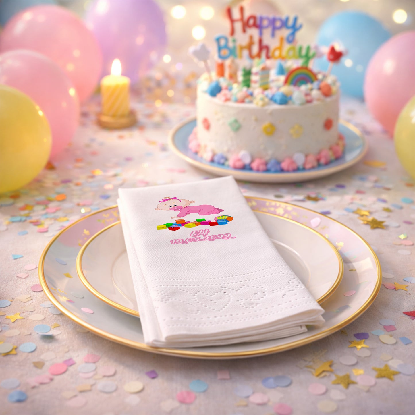 Elif İsme Özel Pembe Emekleyen Bebek Ve Blok Temalı Peçete