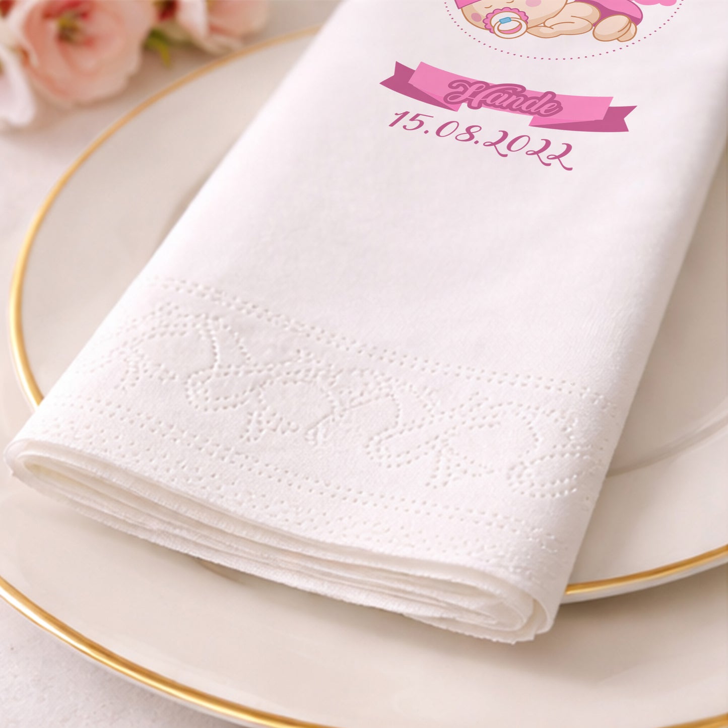 Hande İsme Özel Pembe Uyuyan Bebek Temalı Mevlüt Peçetesi