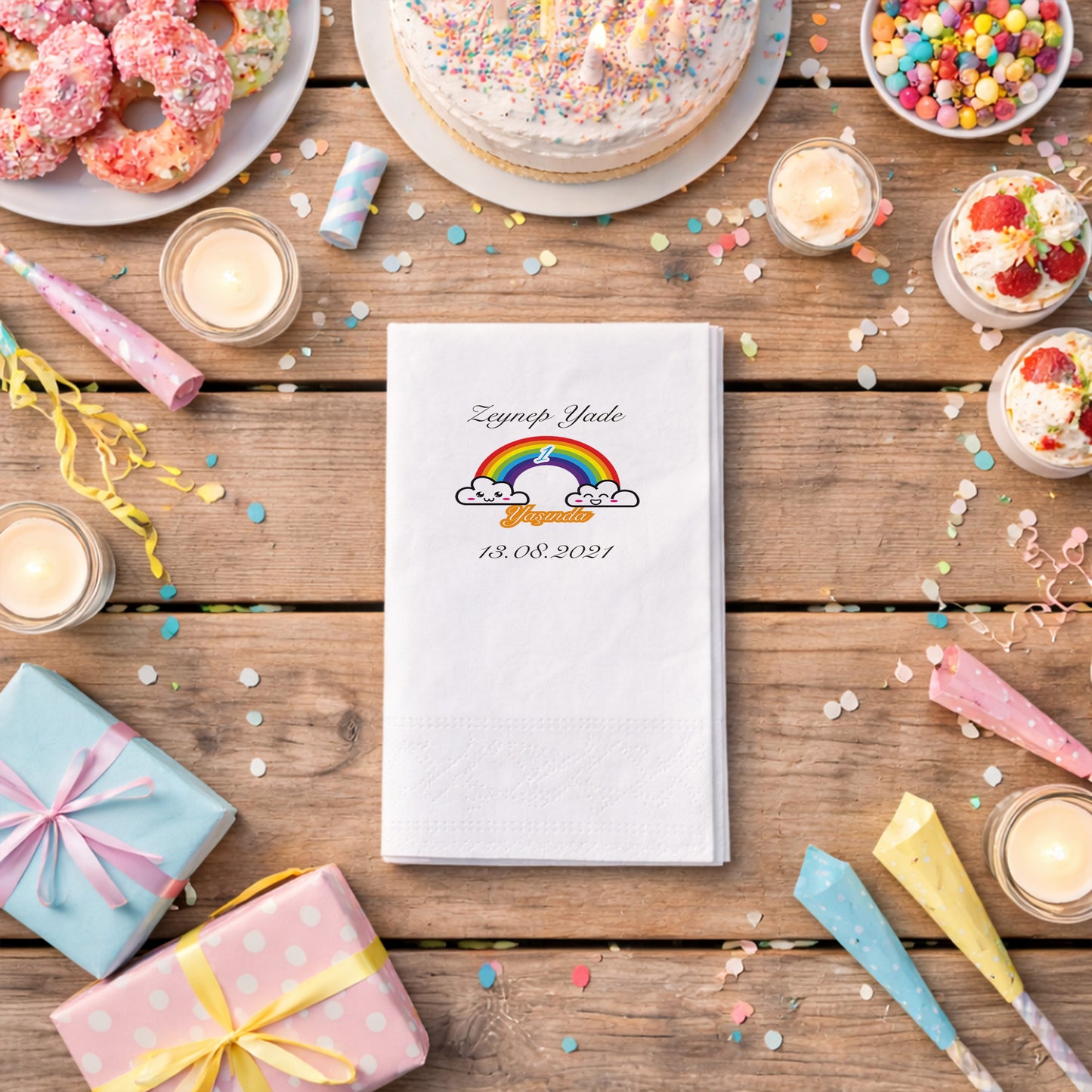 Zeynep Yade 1 Yaşında Tarihli Gökkuşağı Temalı Özel Peçete