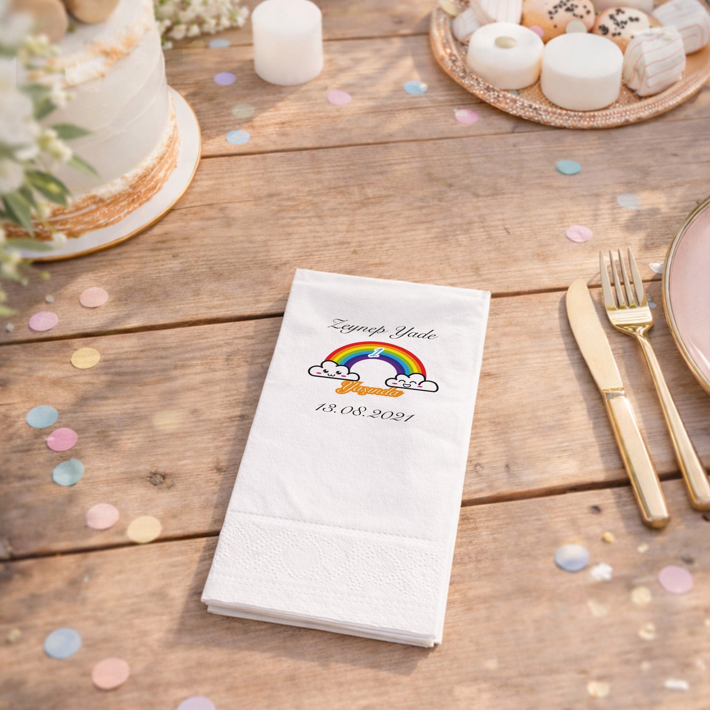 Zeynep Yade 1 Yaşında Tarihli Gökkuşağı Temalı Özel Peçete