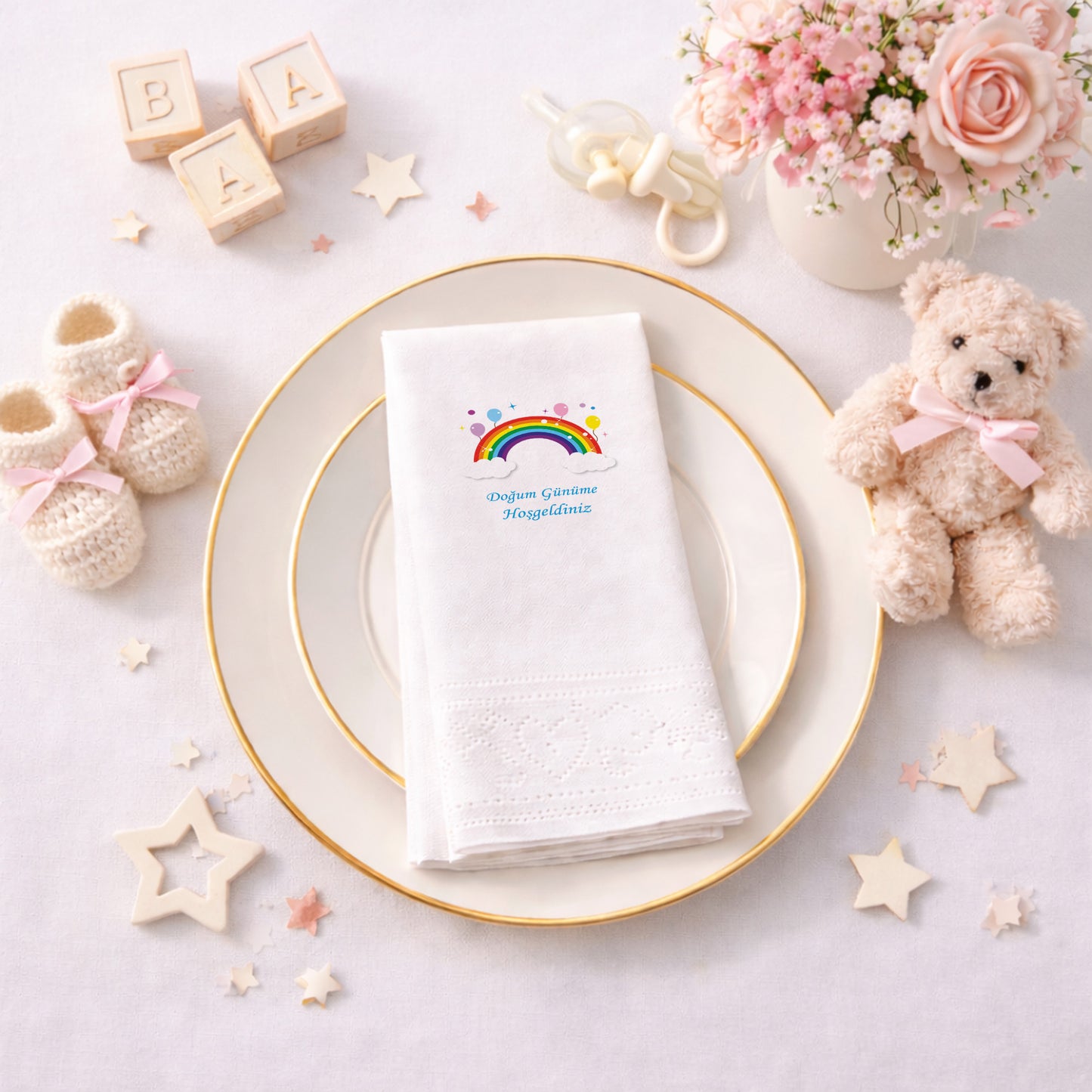 Gökkuşağı ve Renkli Balonlar Temalı Kutlama Peçetesi