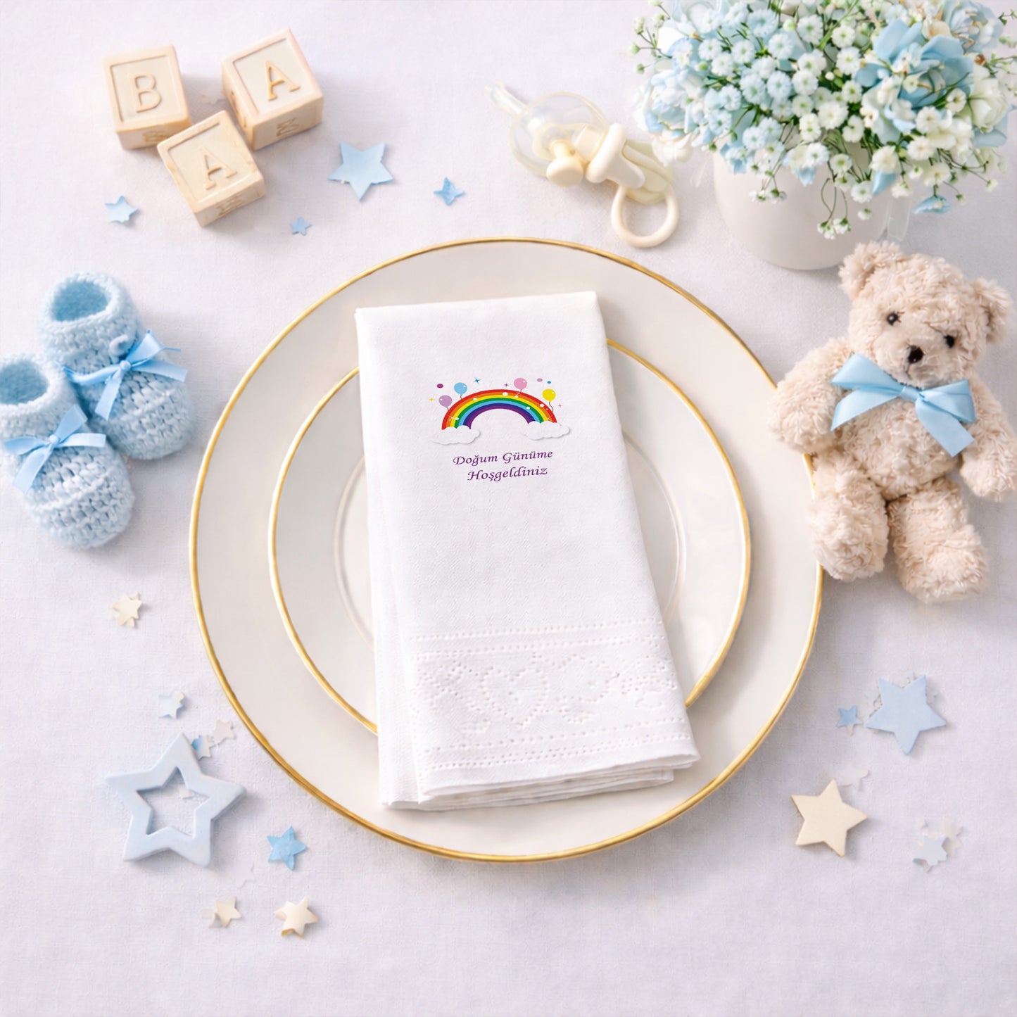 Renkli Gökkuşağı ve Balon Temalı Doğum Günü Peçetesi