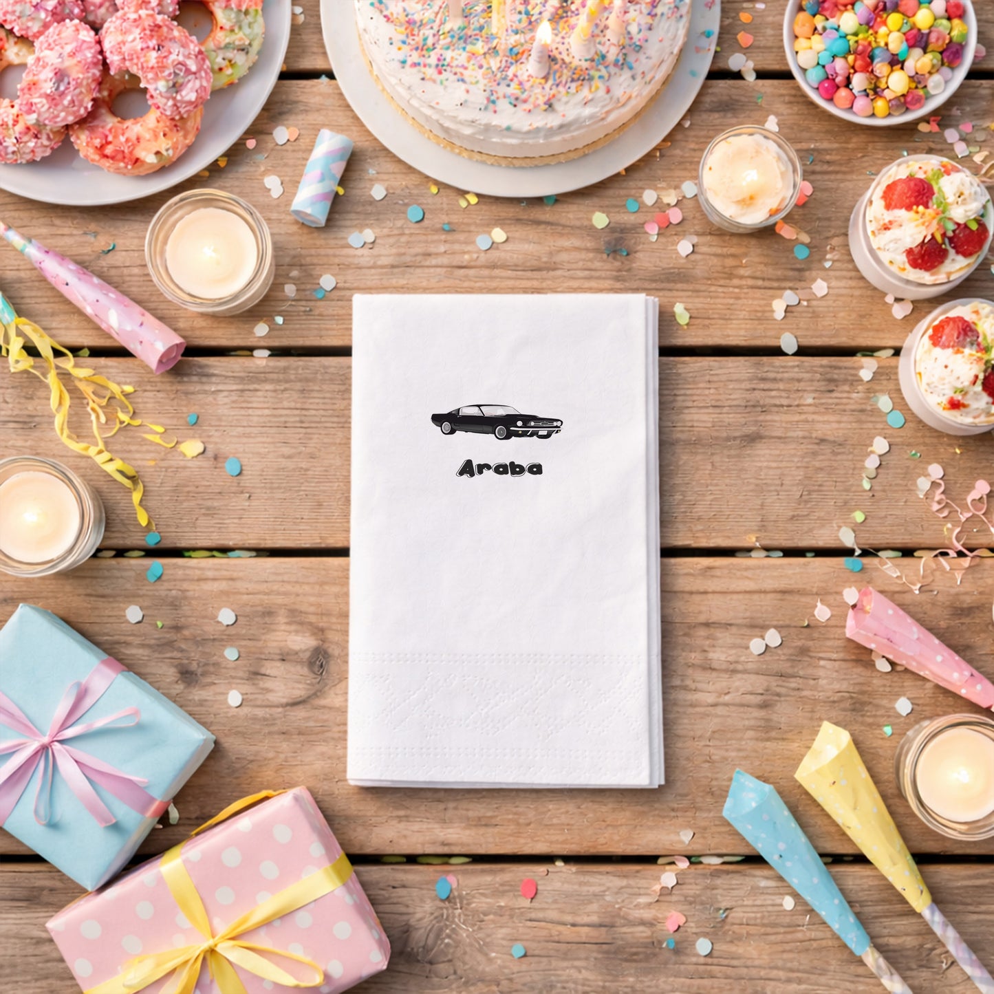 Siyah Klasik Araba Temalı Doğum Günü Partisi Peçetesi