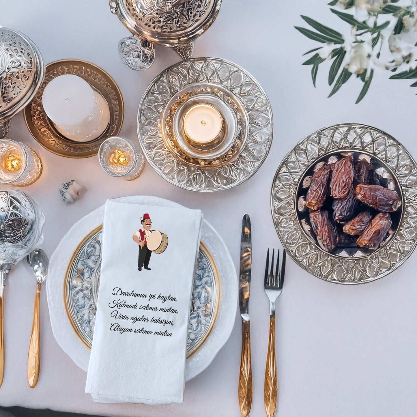 Ramazan Desenli Baskılı Peçete – Davulcu Motifli, 33x33 cm Çift Katlı, 20’li Paket | Kidzia