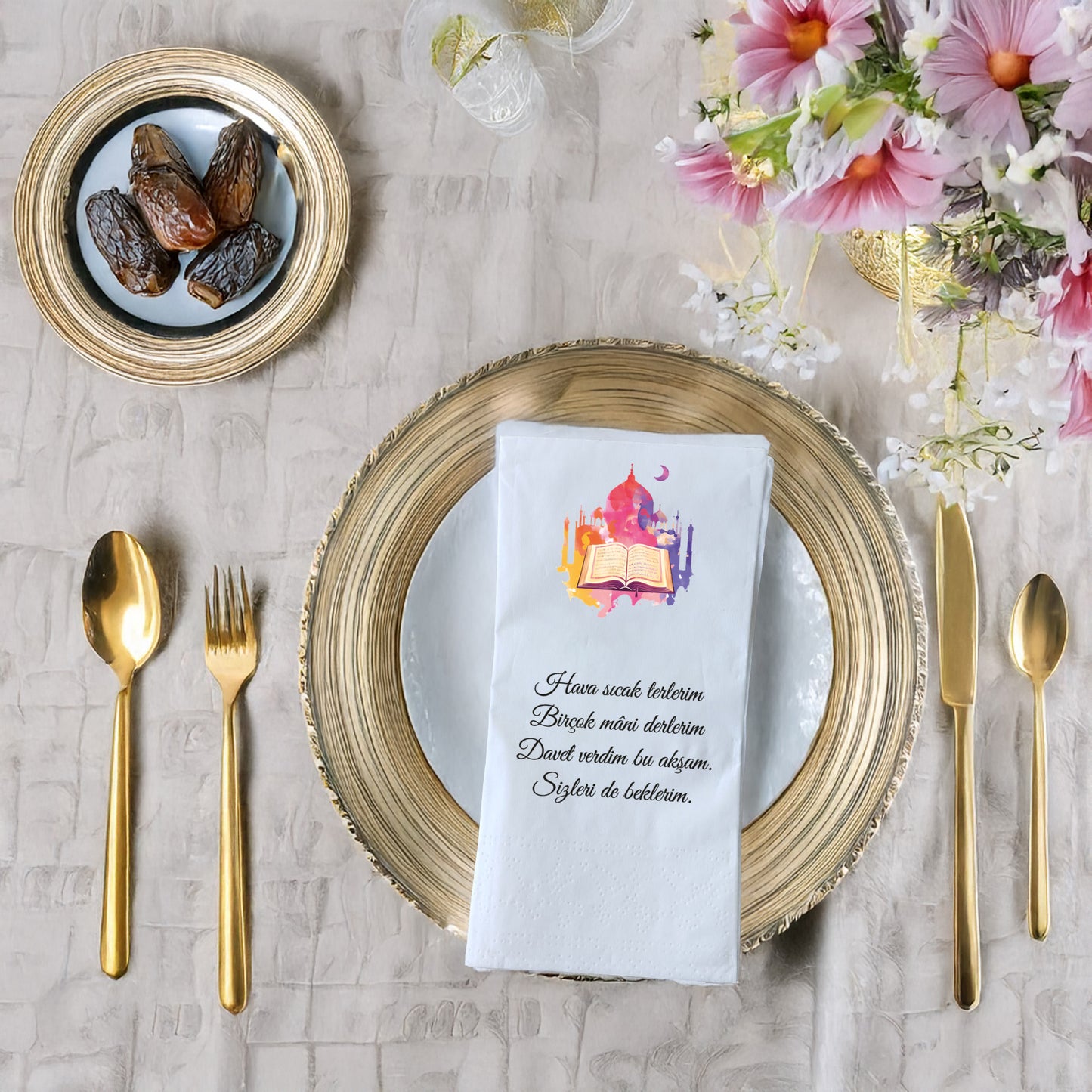 Kidzia Ramazan Kitap & Camii Silüeti Baskılı Peçete – Mani Yazılı, 33x33 cm Çift Katlı, 20’li Paket