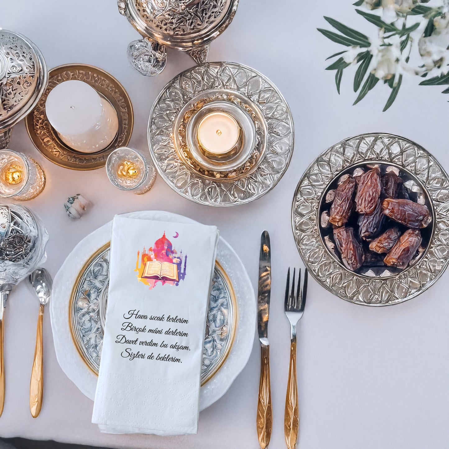 Kidzia Ramazan Kitap & Camii Silüeti Baskılı Peçete – Mani Yazılı, 33x33 cm Çift Katlı, 20’li Paket