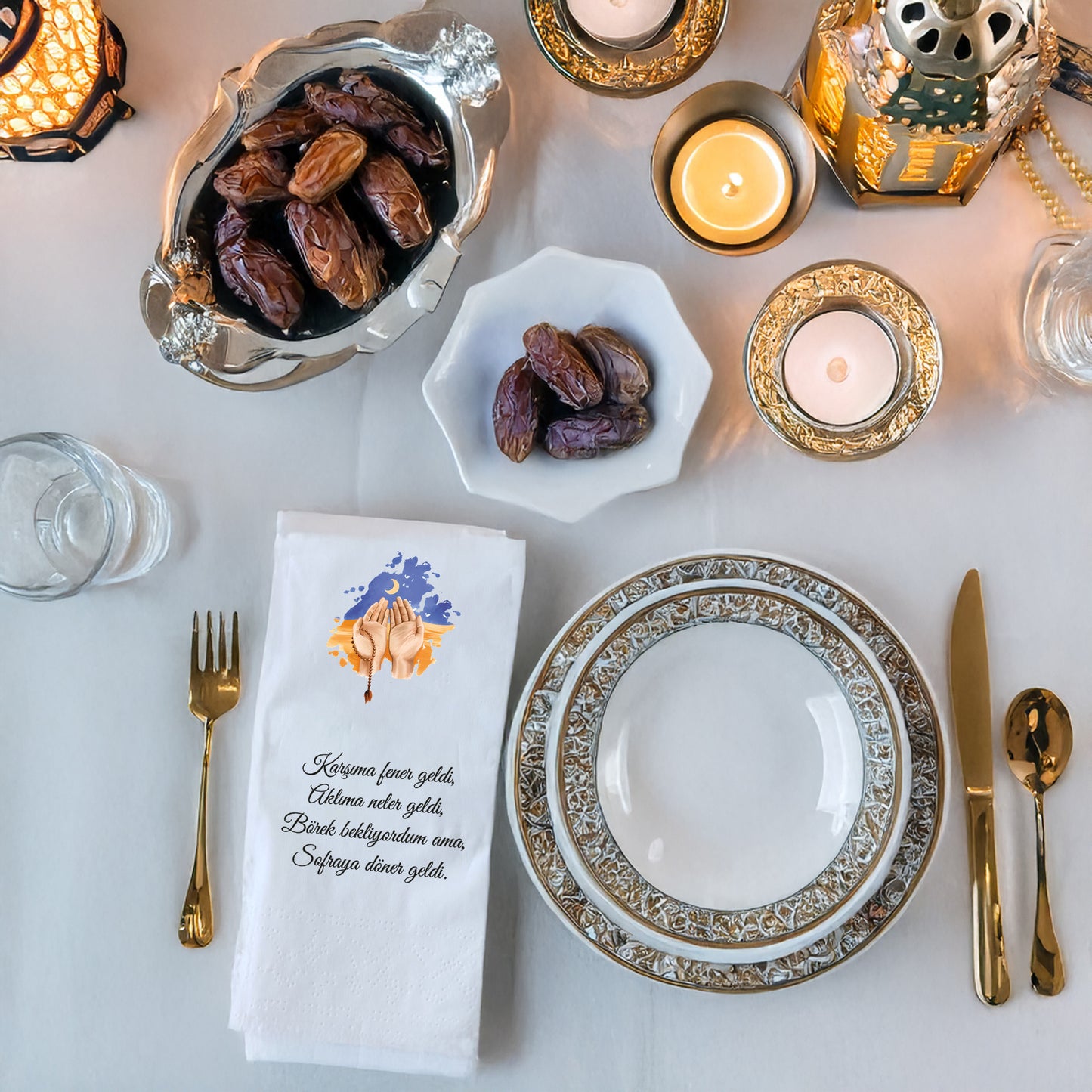 Ramazan Dua Temalı Yazılı ve Desenli Baskılı Peçete – İftar & Sahur Sofrası, 33x33cm, 20’li Paket