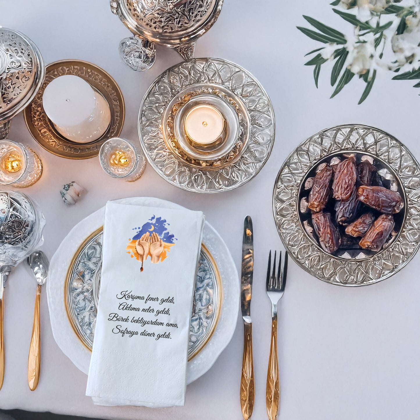 Ramazan Dua Temalı Yazılı ve Desenli Baskılı Peçete – İftar & Sahur Sofrası, 33x33cm, 20’li Paket