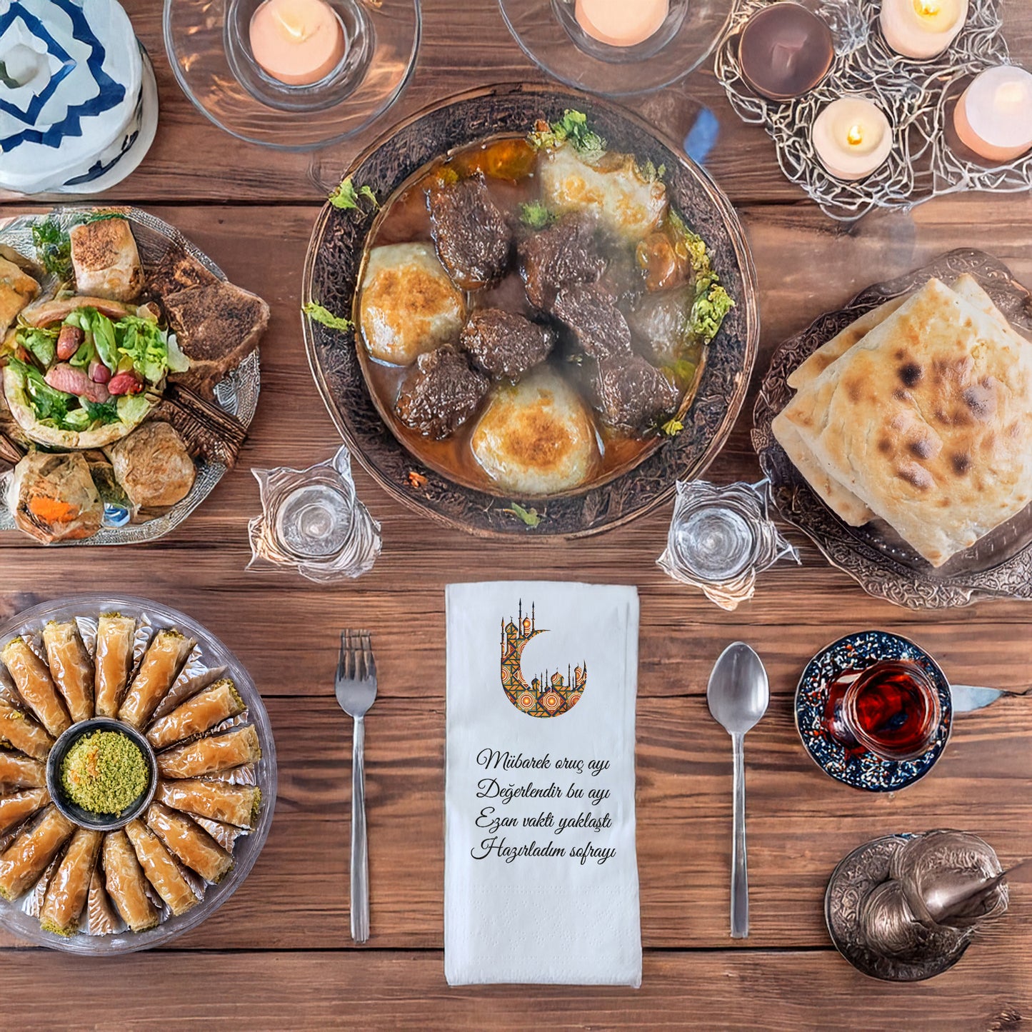 Kidzia Ramazan Hilal & Fener Baskılı Peçete – Mani Yazılı, 33x33 cm Çift Katlı, 20’li Paket