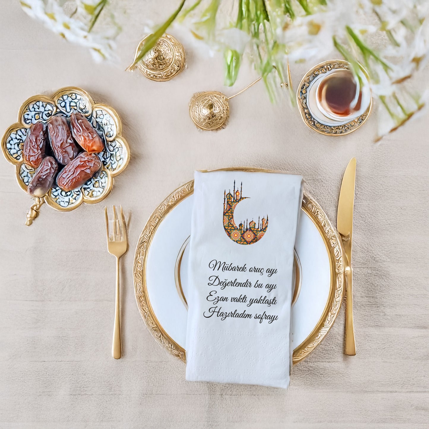 Kidzia Ramazan Hilal & Fener Baskılı Peçete – Mani Yazılı, 33x33 cm Çift Katlı, 20’li Paket