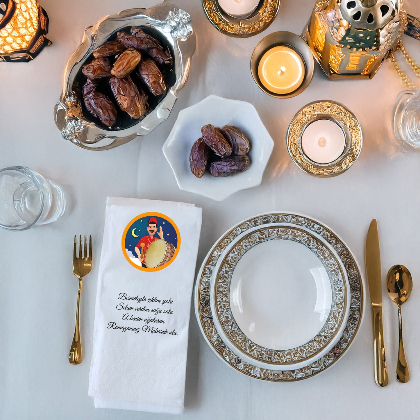 Kidzia Ramazan Davulcusu Yuvarlak Motif Baskılı Peçete – Mani Yazılı, 33x33 cm Çift Katlı, 20’li Paket