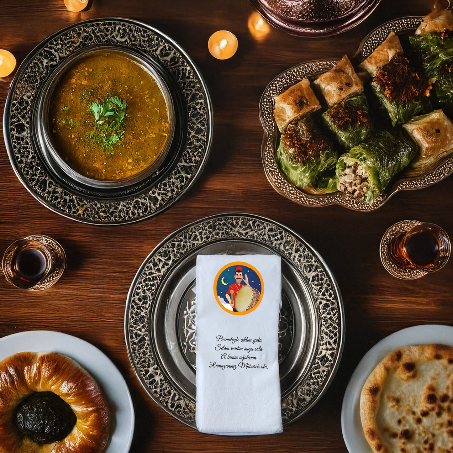 Kidzia Ramazan Davulcusu Yuvarlak Motif Baskılı Peçete – Mani Yazılı, 33x33 cm Çift Katlı, 20’li Paket