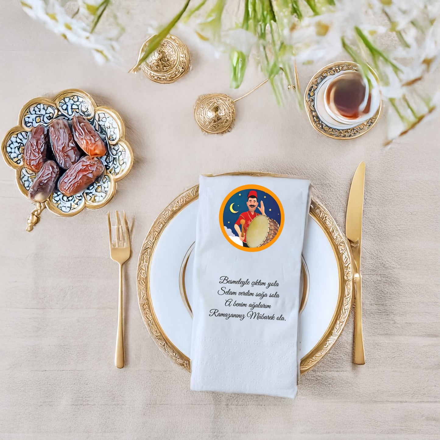 Kidzia Ramazan Davulcusu Yuvarlak Motif Baskılı Peçete – Mani Yazılı, 33x33 cm Çift Katlı, 20’li Paket