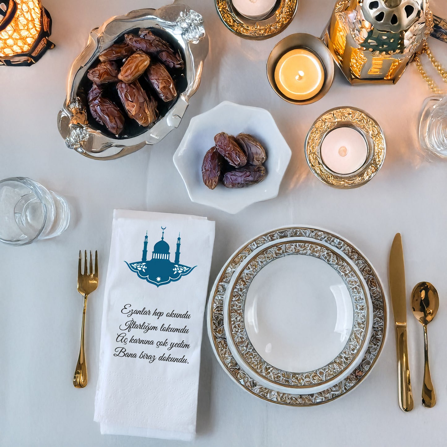 Kidzia Camii Silüeti Ramazan Peçetesi – Mani Yazılı, 33x33 cm Çift Katlı, 20’li Paket