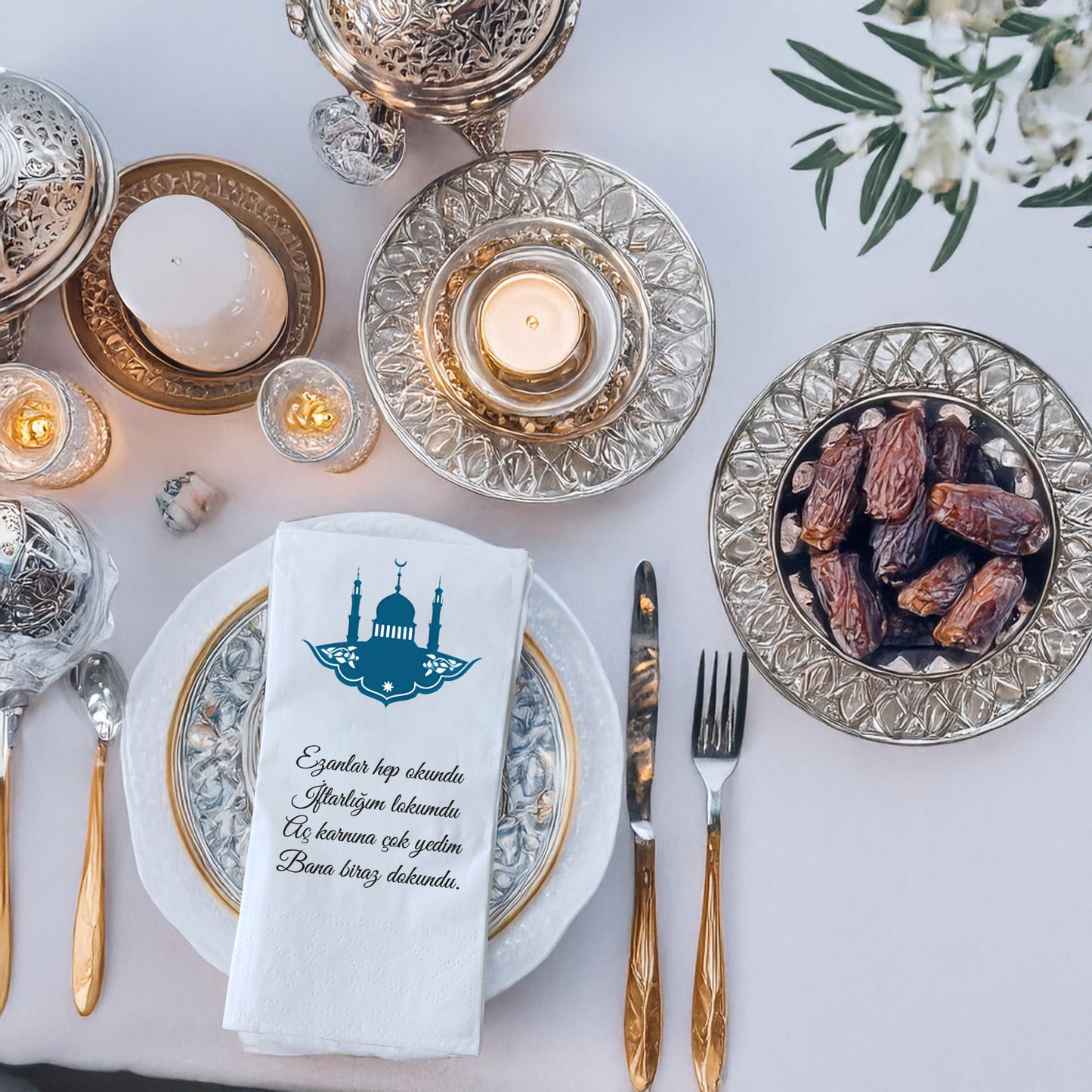Kidzia Camii Silüeti Ramazan Peçetesi – Mani Yazılı, 33x33 cm Çift Katlı, 20’li Paket