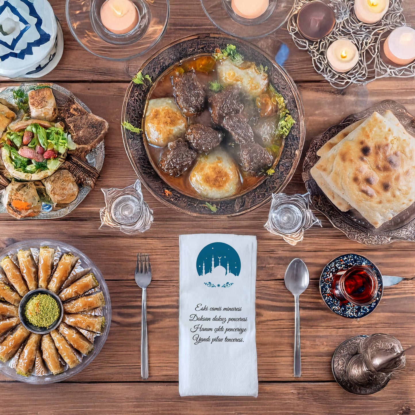 Kidzia Yuvarlak Camii Silüeti Ramazan Peçetesi – Mani Yazılı, 33x33 cm Çift Katlı, 20’li Paket