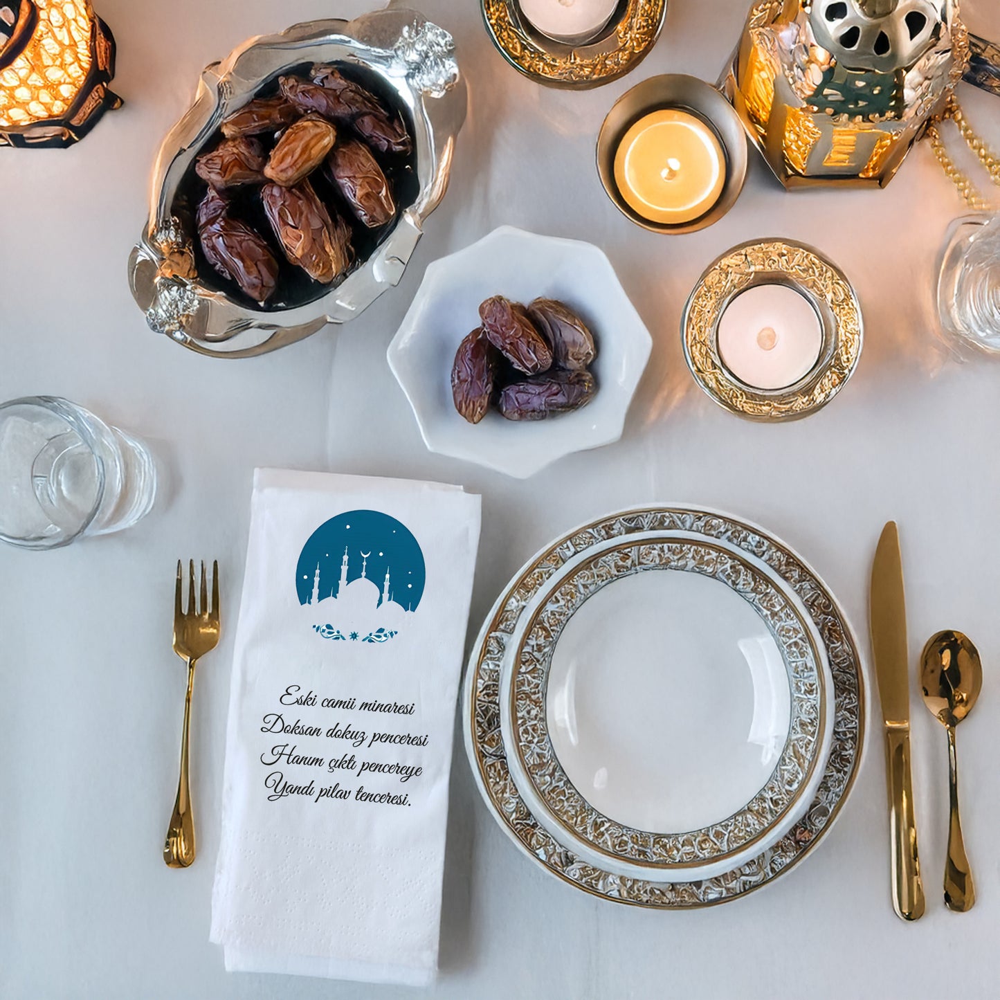 Kidzia Yuvarlak Camii Silüeti Ramazan Peçetesi – Mani Yazılı, 33x33 cm Çift Katlı, 20’li Paket