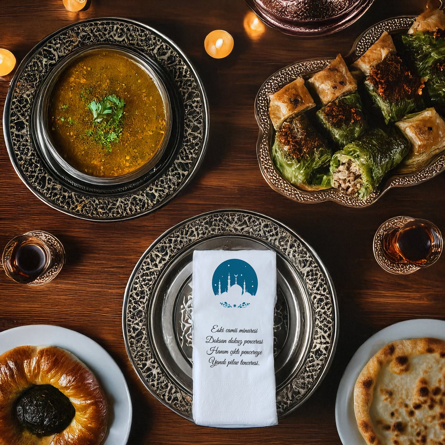 Kidzia Yuvarlak Camii Silüeti Ramazan Peçetesi – Mani Yazılı, 33x33 cm Çift Katlı, 20’li Paket