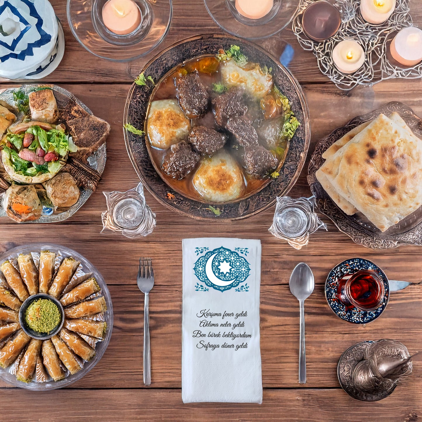 Kidzia Hilal & Camii Silüeti Mandala Ramazan Peçetesi – Mani Yazılı, 33x33 cm Çift Katlı, 20’li Paket